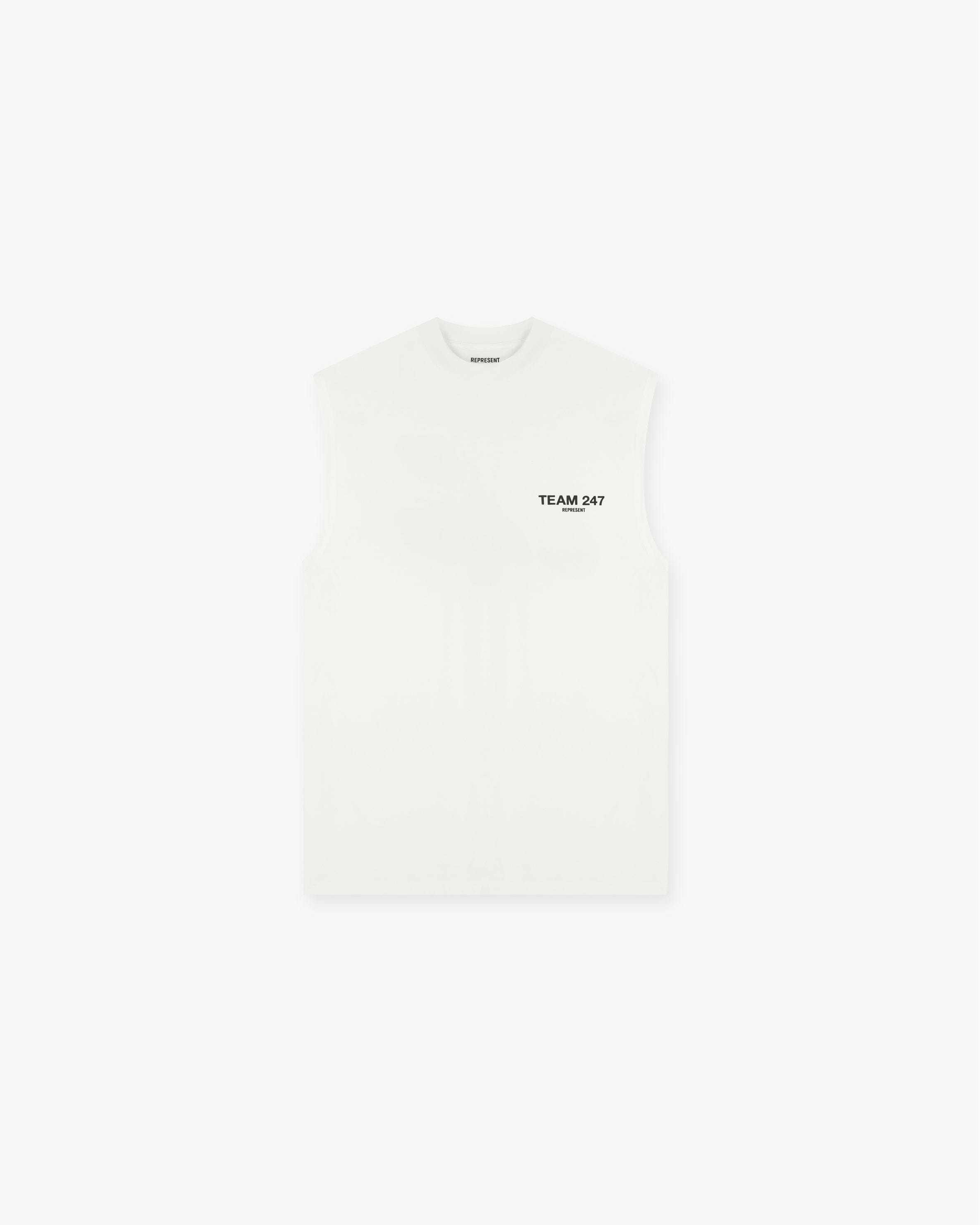 Front product image of a mens white oversized tank on a plain white background | Team 247 Oversized Tank in Flat White | Oversized fit tank with script graphic | 247 T-Shirts | Represent Clo