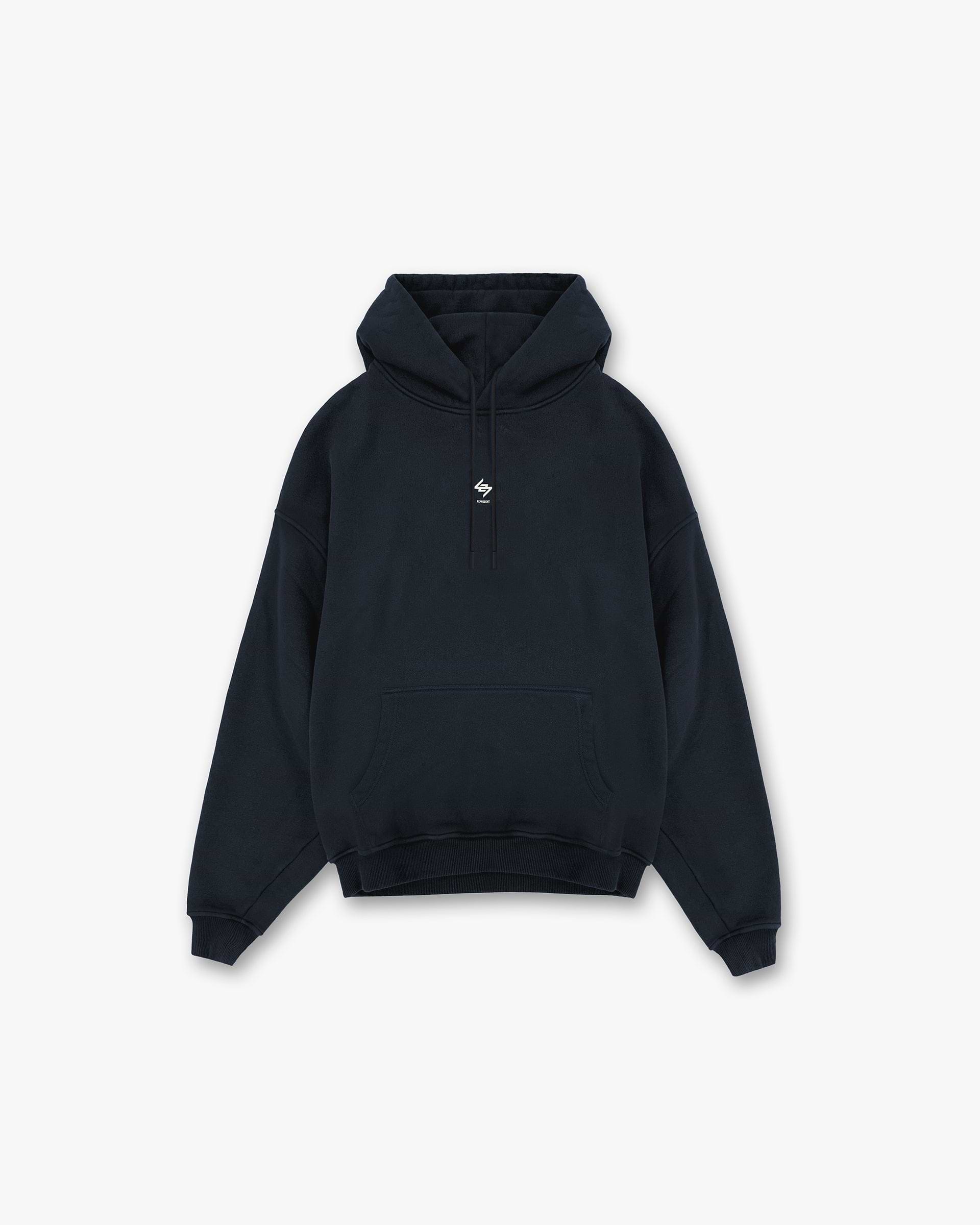 Front product image of a mens navy hoodie on a plain white background | 247 Oversized Hoodie in Navy | Oversized hoodie with relaxed fit | 247 Hoodies | Represent Clo