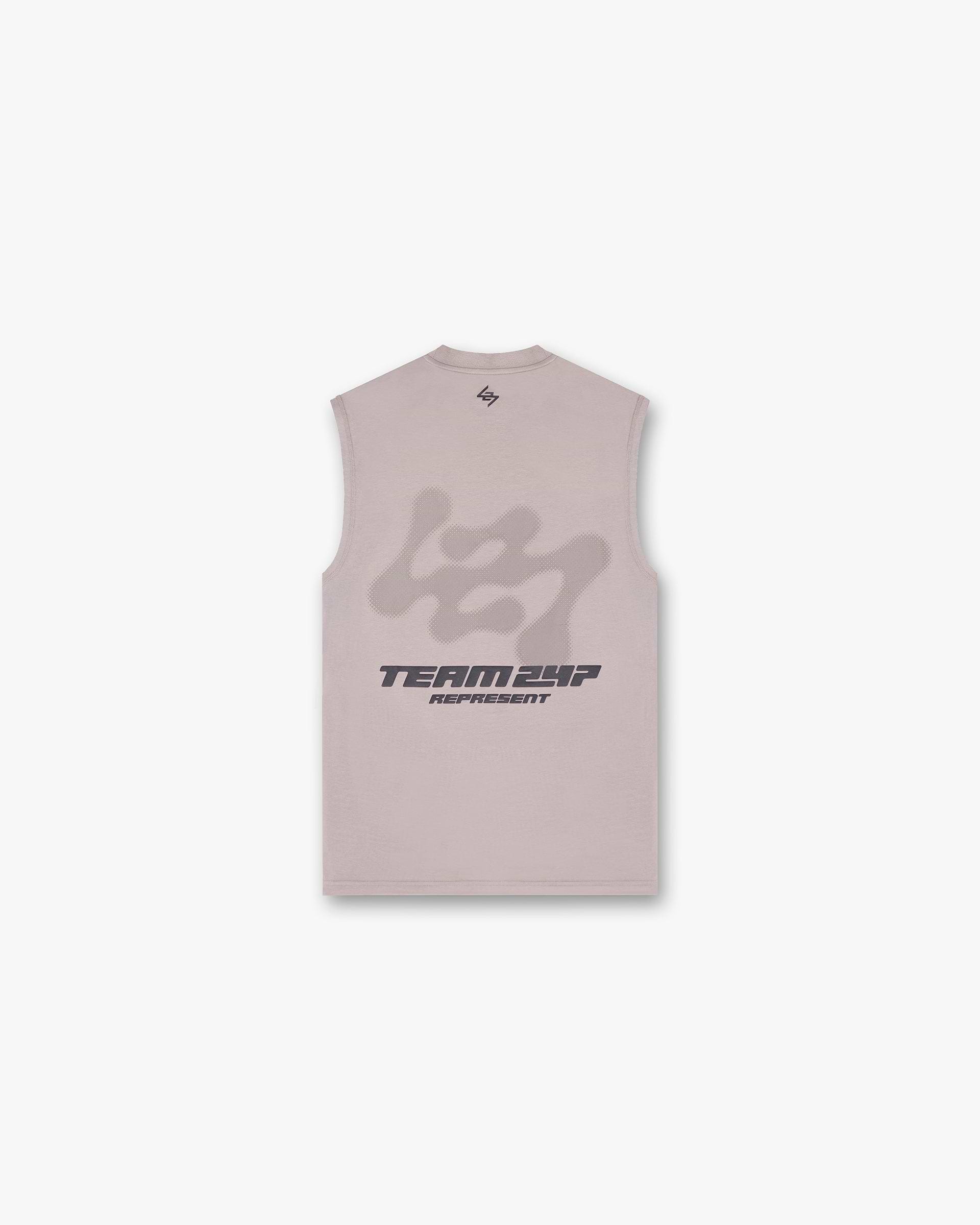 Back product image of a mens grey tank top on a plain white background | 247 Future Terrains Oversized Tank in Moonrock | Oversized tank top with logos and antibacterial fabric | 247 T-Shirts | Represent Clo