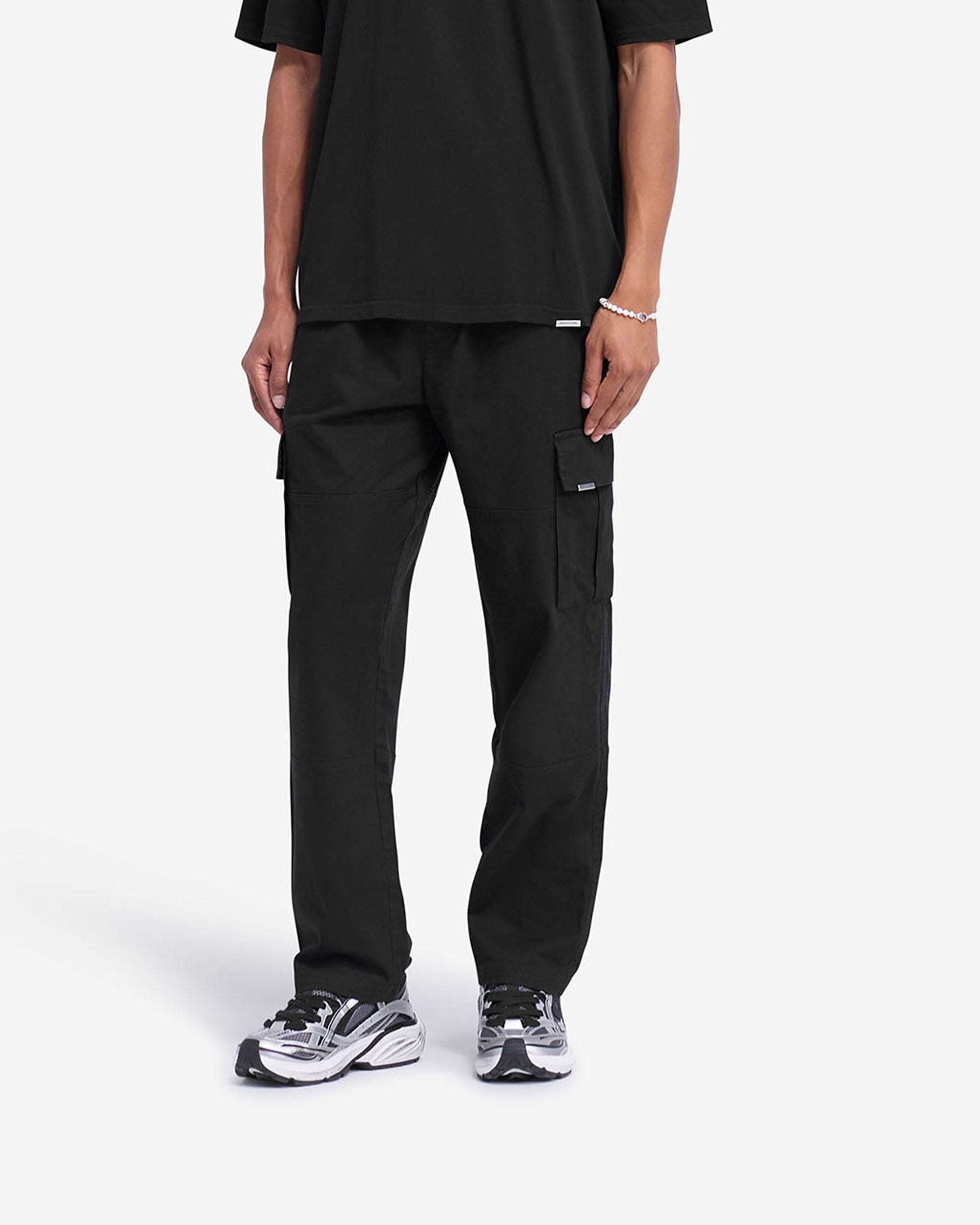 Back product image of mens black cargo pants on a plain white background | Cargo Pant in Black | Regular fit cargo pants with elasticated waistband and flap pockets | FW24 Pants | Represent Clo