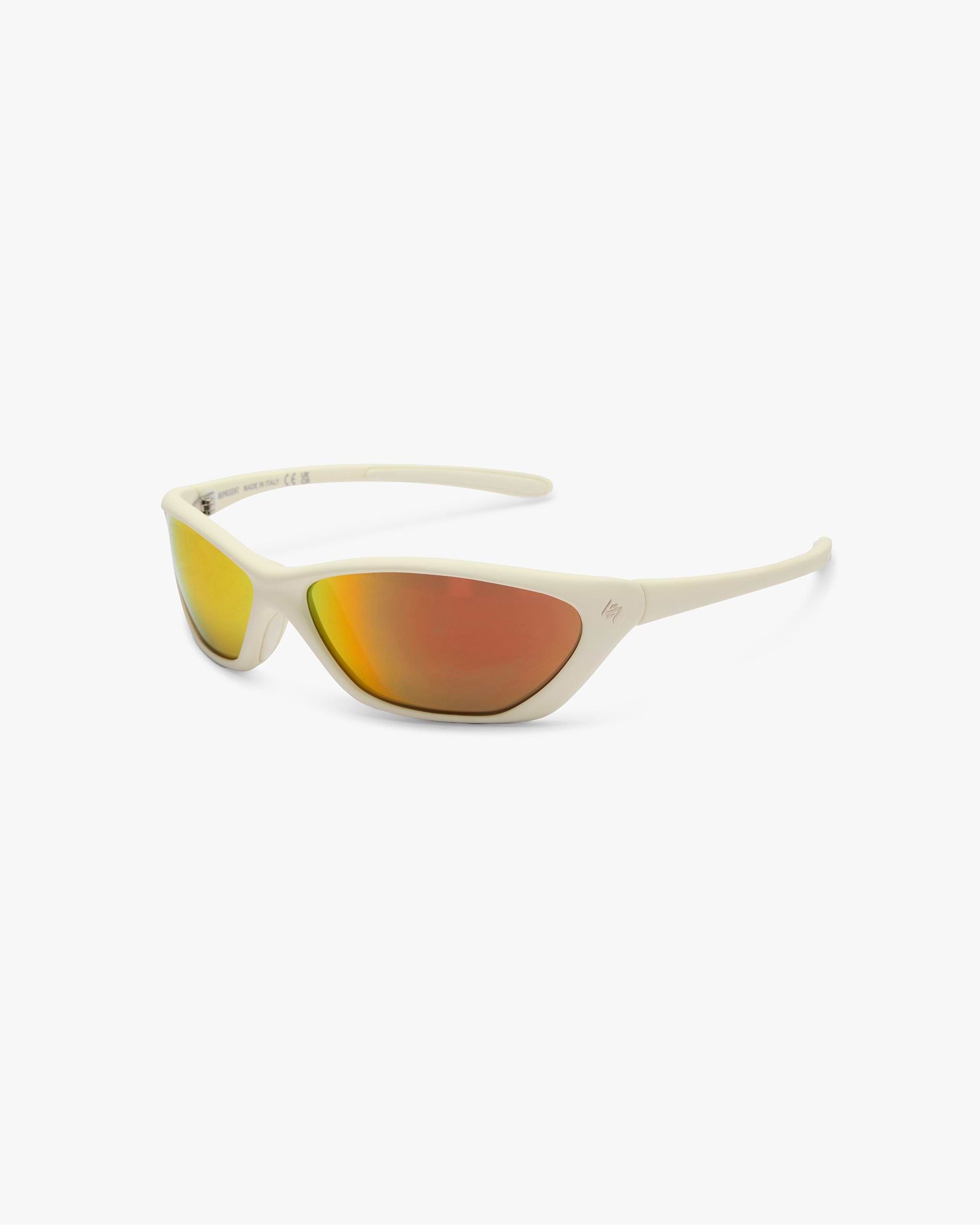 Back product image of mens white sunglasses on a plain white background | 247 Arena Sunglasses in Papyrus | Sunglasses with rubberised grip and mirrored lenses | 247 Accessories | Represent Clo