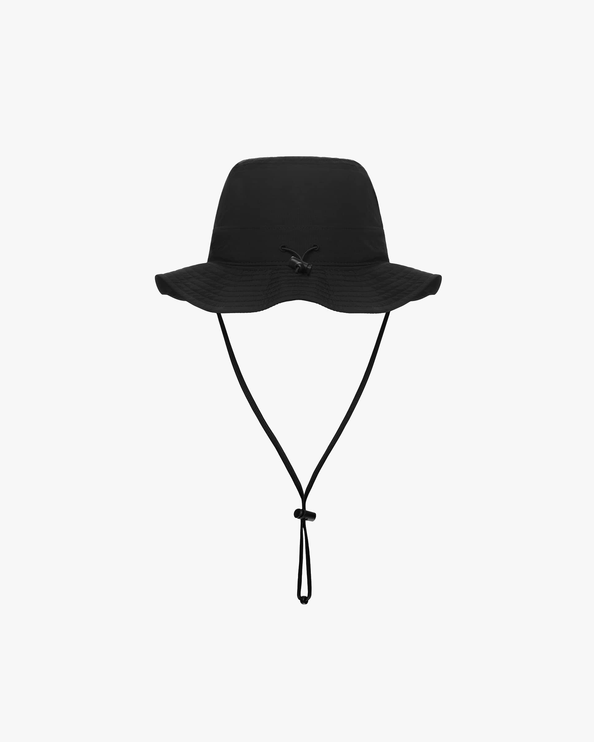 Back product image of a mens black bucket hat on a plain white background | 247 Bucket Hat in Black | Bucket hat with adjustable bungee cord and drawcord | 247 Accessories | Represent Clo