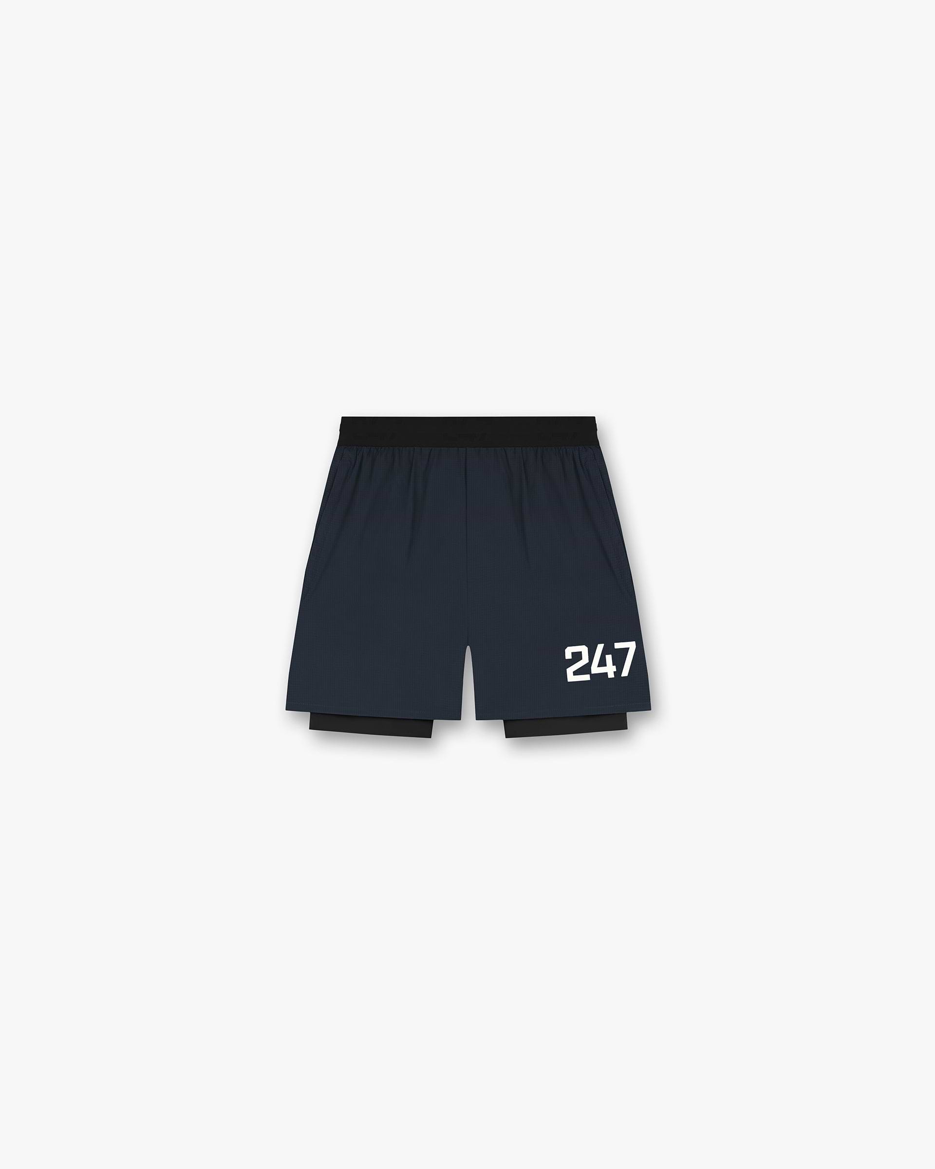 Front product image of mens navy shorts on a plain white background | 247 Trail Short in Navy | Shorts with elasticated waistband and side seam pockets | 247 Shorts | Represent Clo