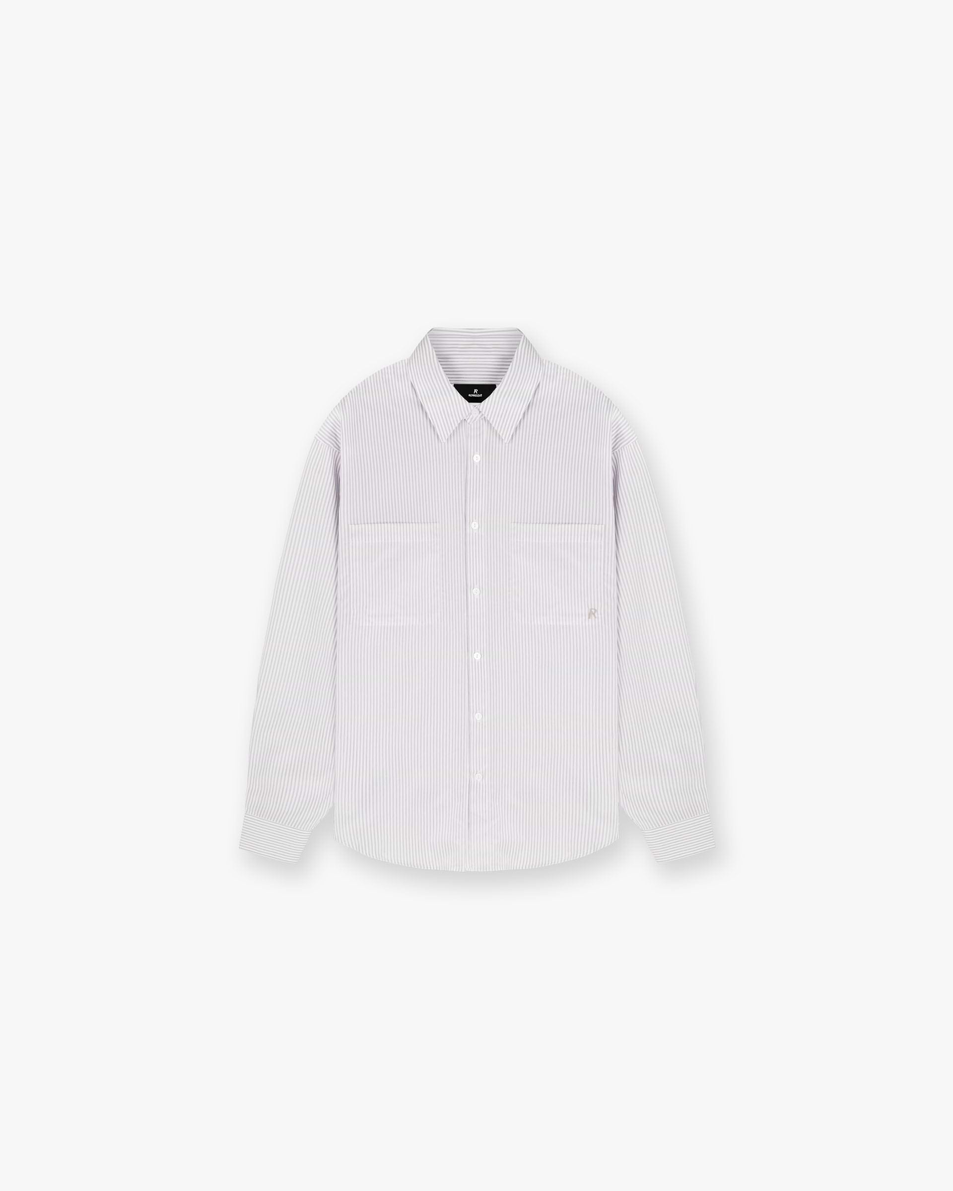 Front product image of a mens grey pinstripe shirt on a plain white background | Long Sleeve Pinstripe Shirt in Grey | Drapey shirt with revere collar and chest pockets | SC24 Shirts | Represent Clo
