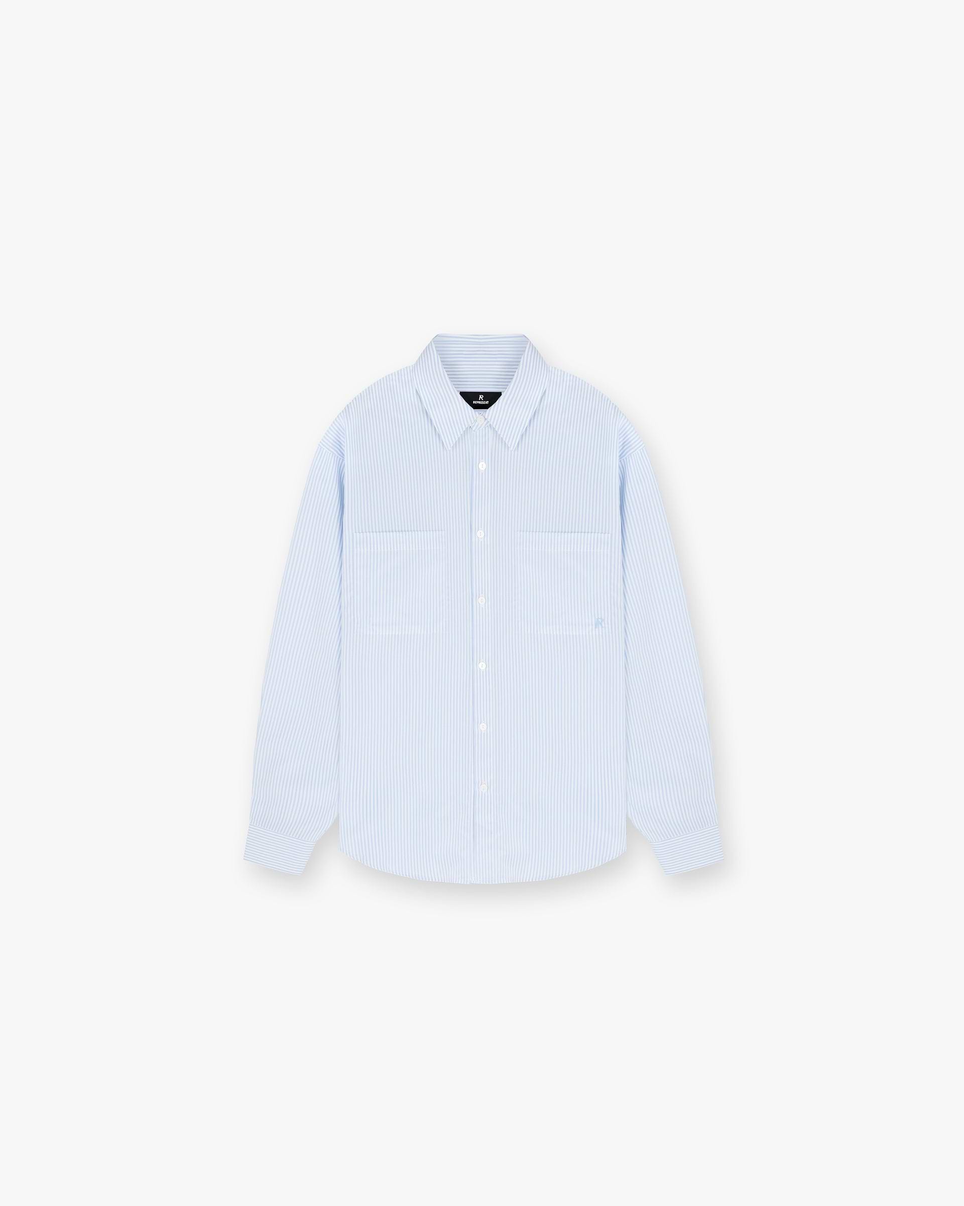 Front product image of a mens blue shirt on a plain white background | Long Sleeve Pinstripe Shirt in Baby Blue | Pinstripe shirt with long sleeves | SC24 Shirts | Represent Clo