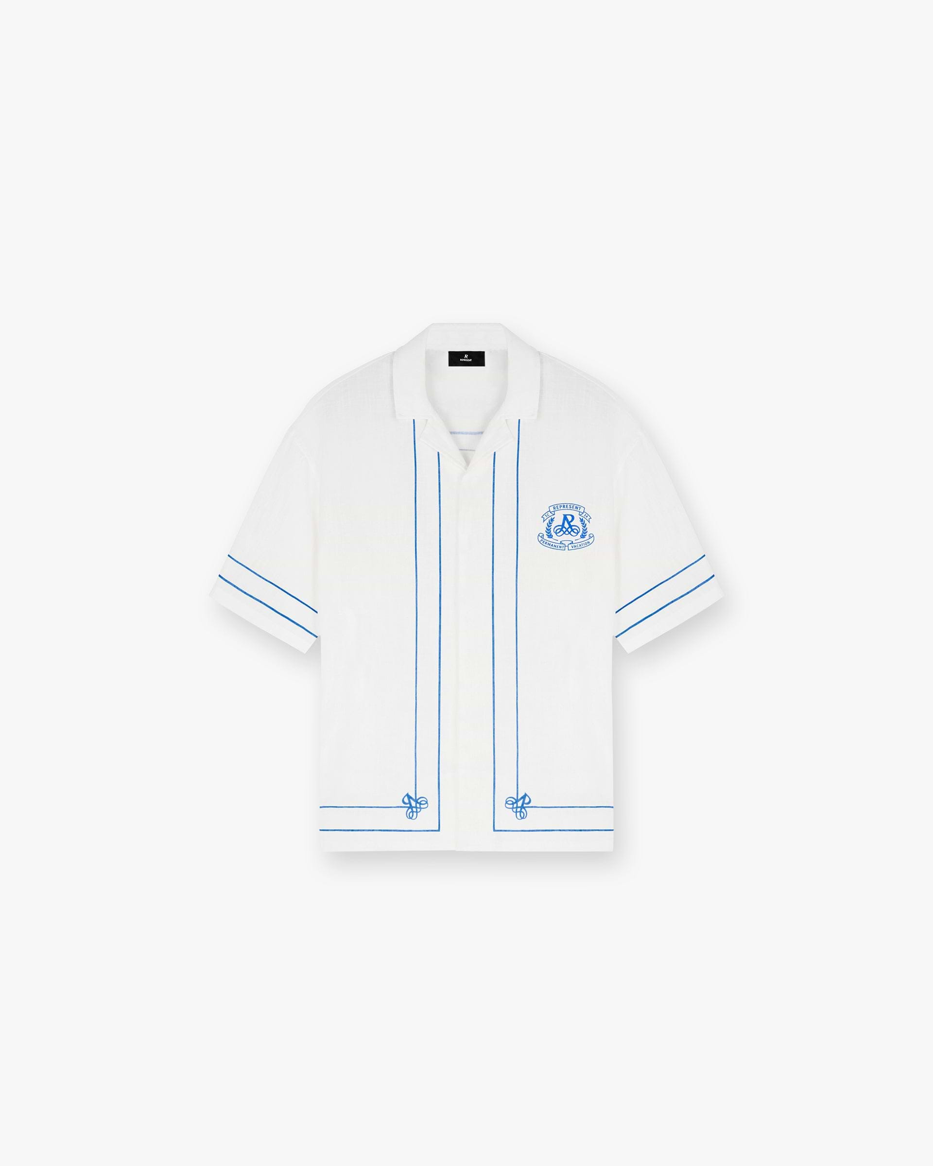 Front product image of a mens white shirt on a plain white background | Permanent Vacation Shirt in Flat White | Lightweight short sleeve shirt | SC24 Shirts | Represent Clo