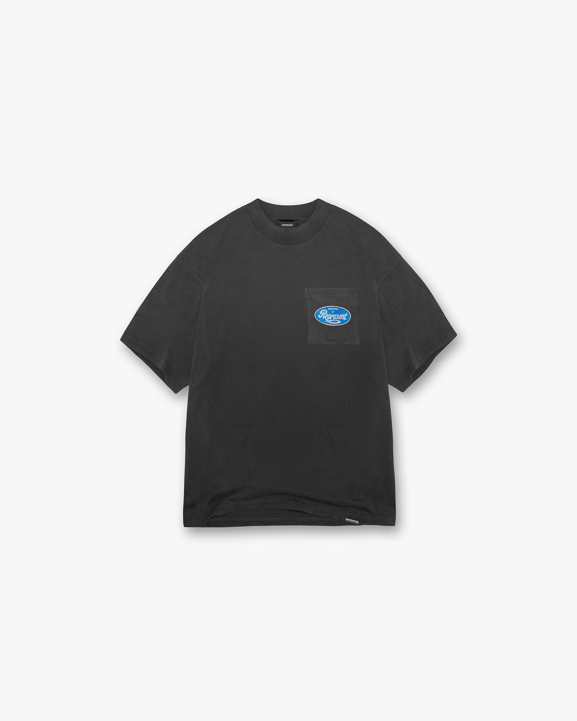 Front product image of a mens black t-shirt on a plain white background | Classic Parts T-Shirt in Aged Black | T-shirt with classic print and relaxed fit | SS24 T-Shirts | Represent Clo