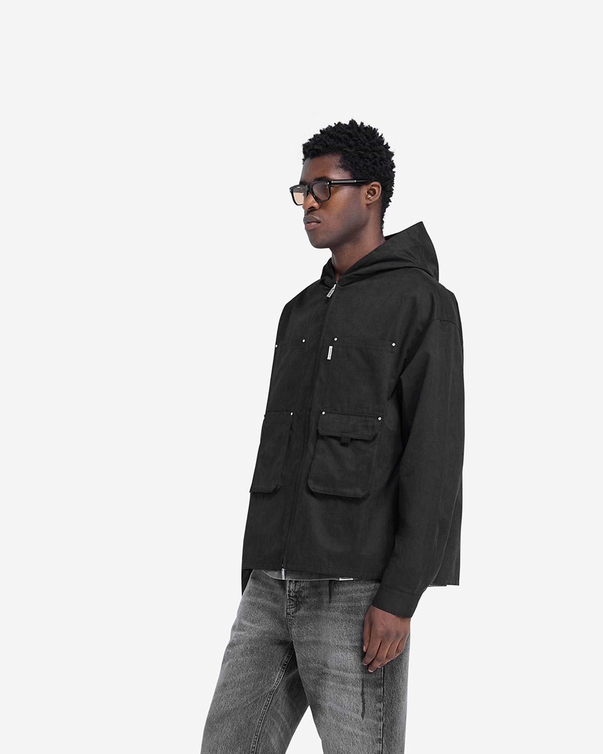 Back product image of a mens black utility shirt on a plain white background | Utility Hooded Shirt in Jet Black | Hooded shirt with multiple pockets and zip closure | FW24 Shirts | Represent Clo