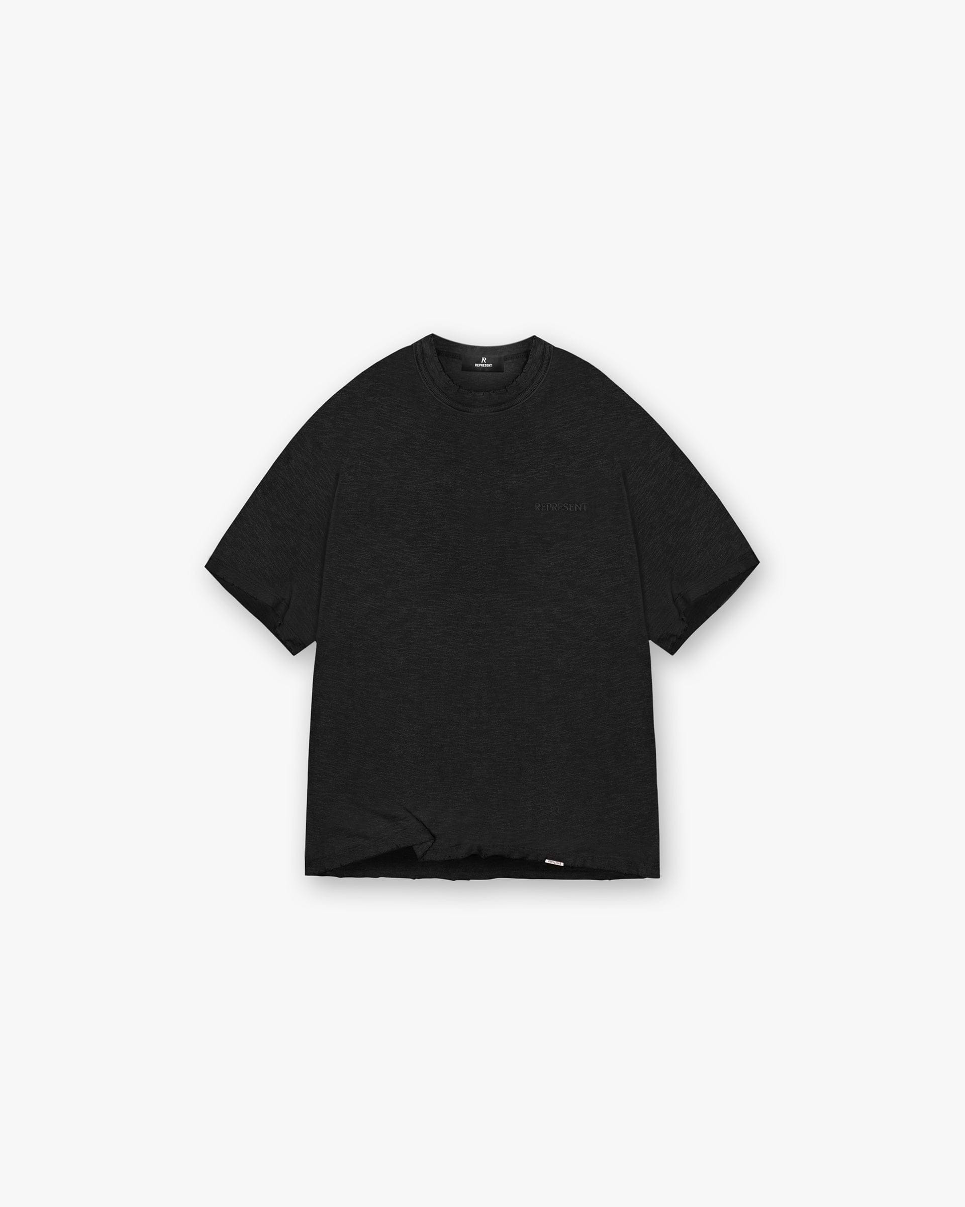 Front product image of a mens black t-shirt on a plain white background | Slub T-Shirt in Jet Black | Slightly oversized t-shirt with Represent metal bar logo | FW24 T-Shirts | Represent Clo