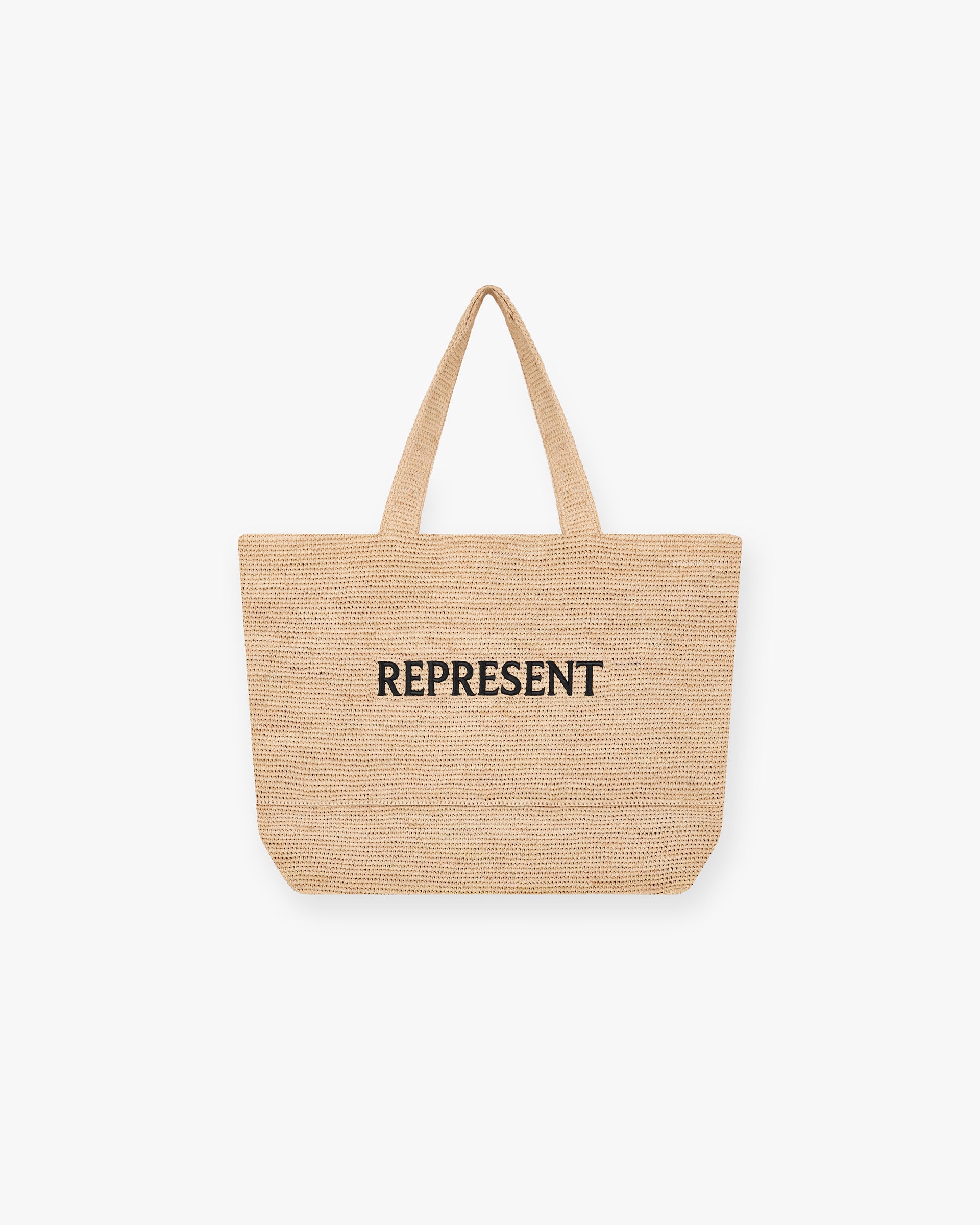 Front product image of a mens beige tote bag on a plain white background | Raffia Tote Bag in Latte | Woven raffia tote bag with sturdy handles | FW24 Accessories | Represent Clo