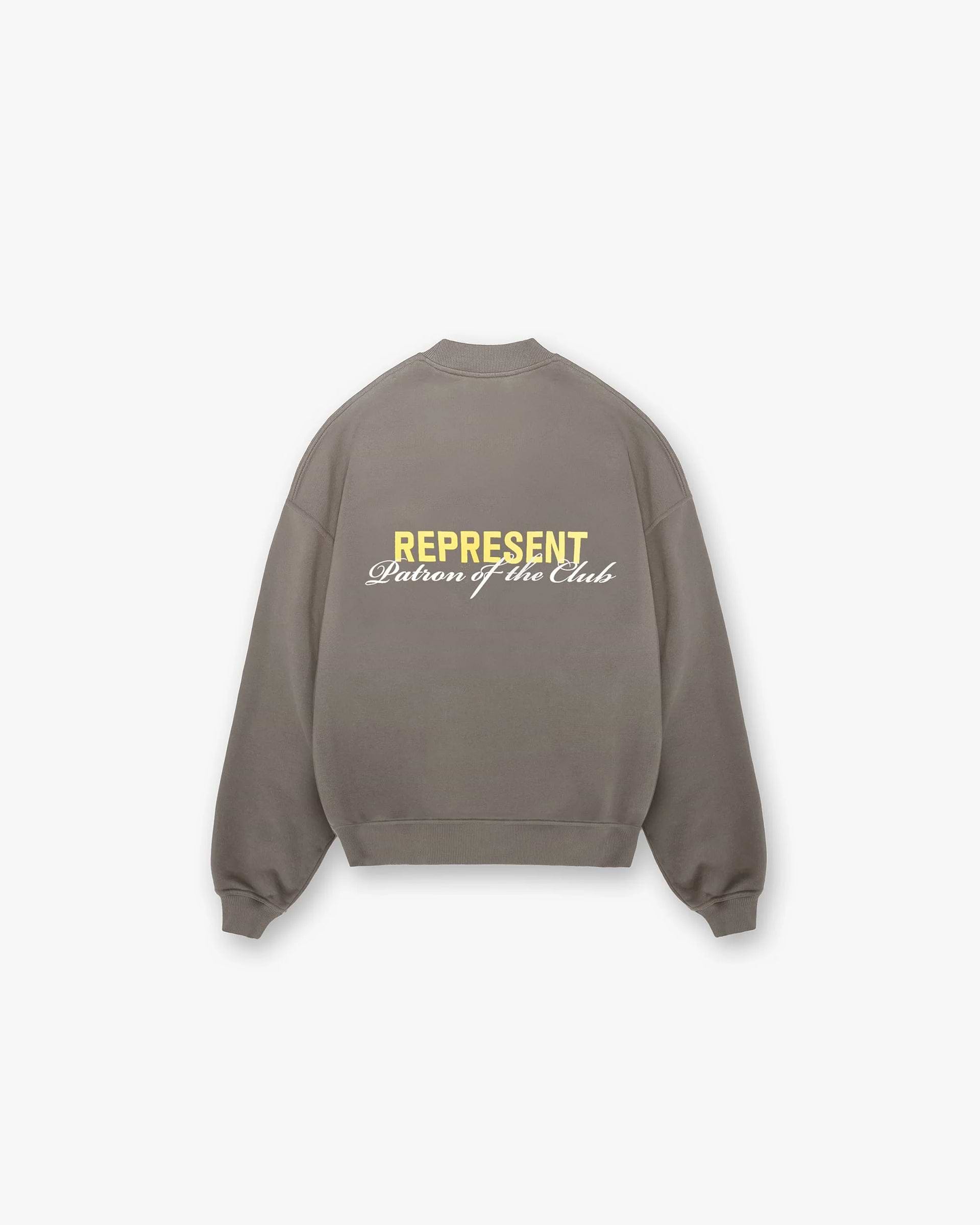 Back product image of a mens olive sweater on a plain white background | Patron Of The Club Sweater in Washed Olive | Sweater with oversized fit and Patron of the Club print | Patrons Sweaters | Represent Clo