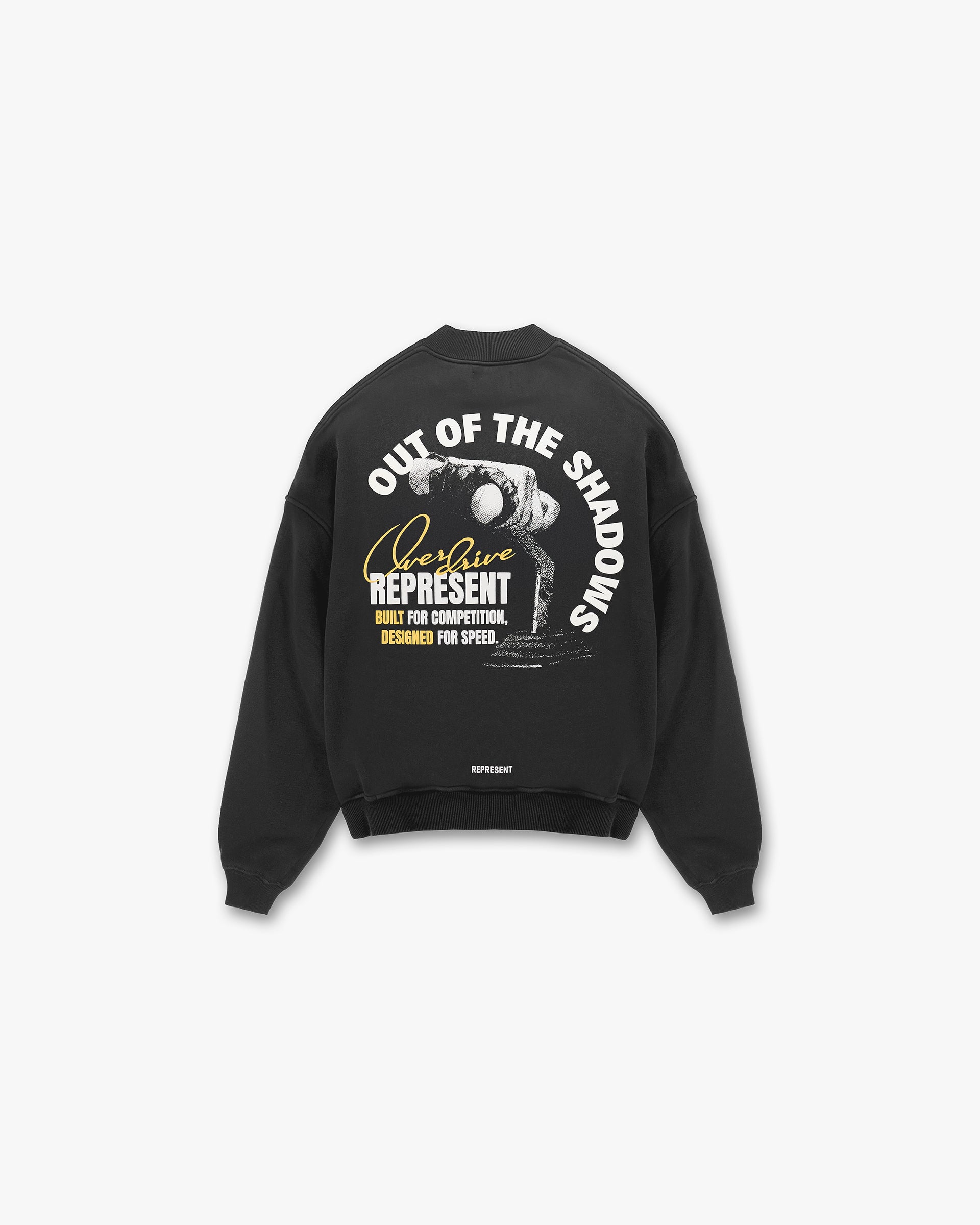 Back product image of a mens black sweater on a plain white background | Out Of The Shadows Sweater in Stained Black | Boxy fit sweater with fade-out wash and graphic | SS25 Sweaters | Represent Clo