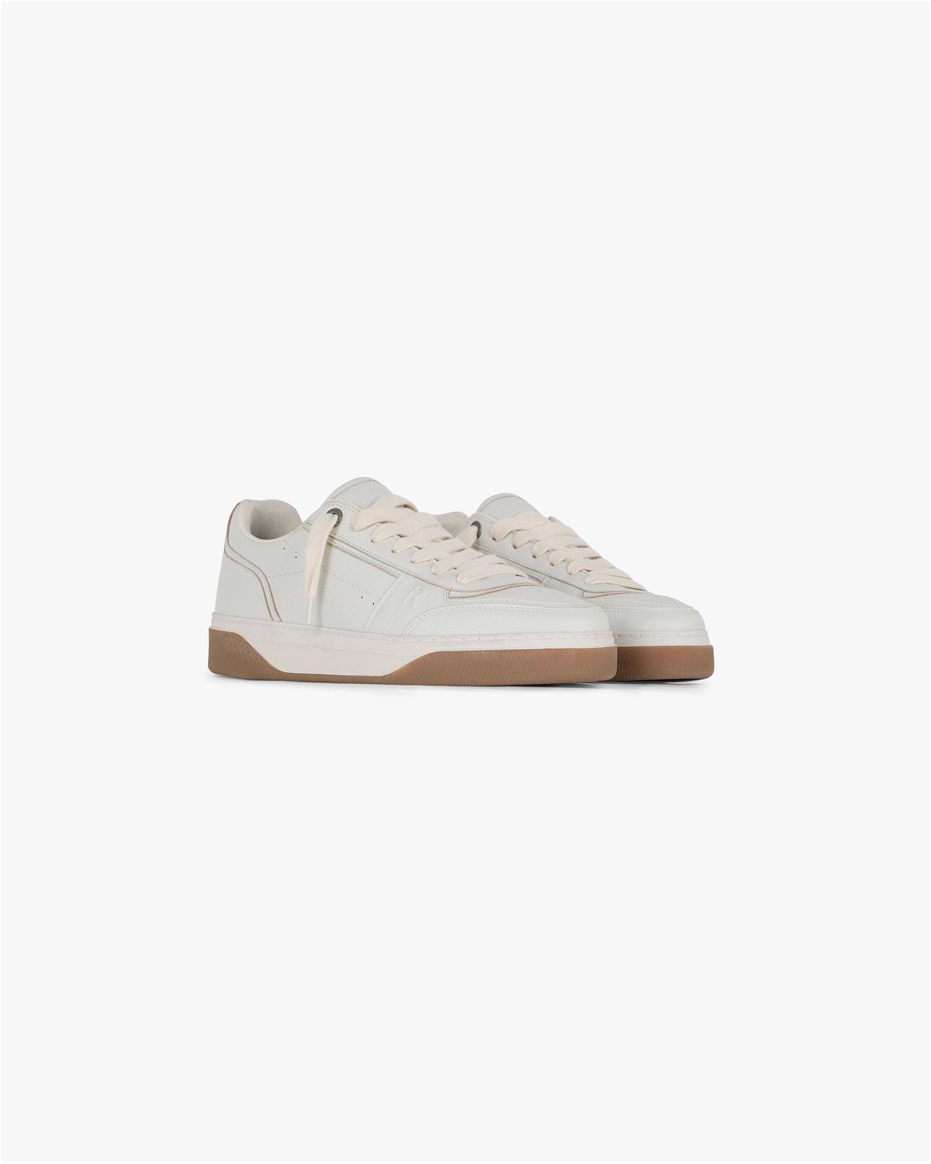 Back product image of mens white sneaker on a plain white background | Initial Sneaker in Vintage White Gum | Leather sneaker with perforated toe and embossed branding | SS25 Footwear | Represent Clo