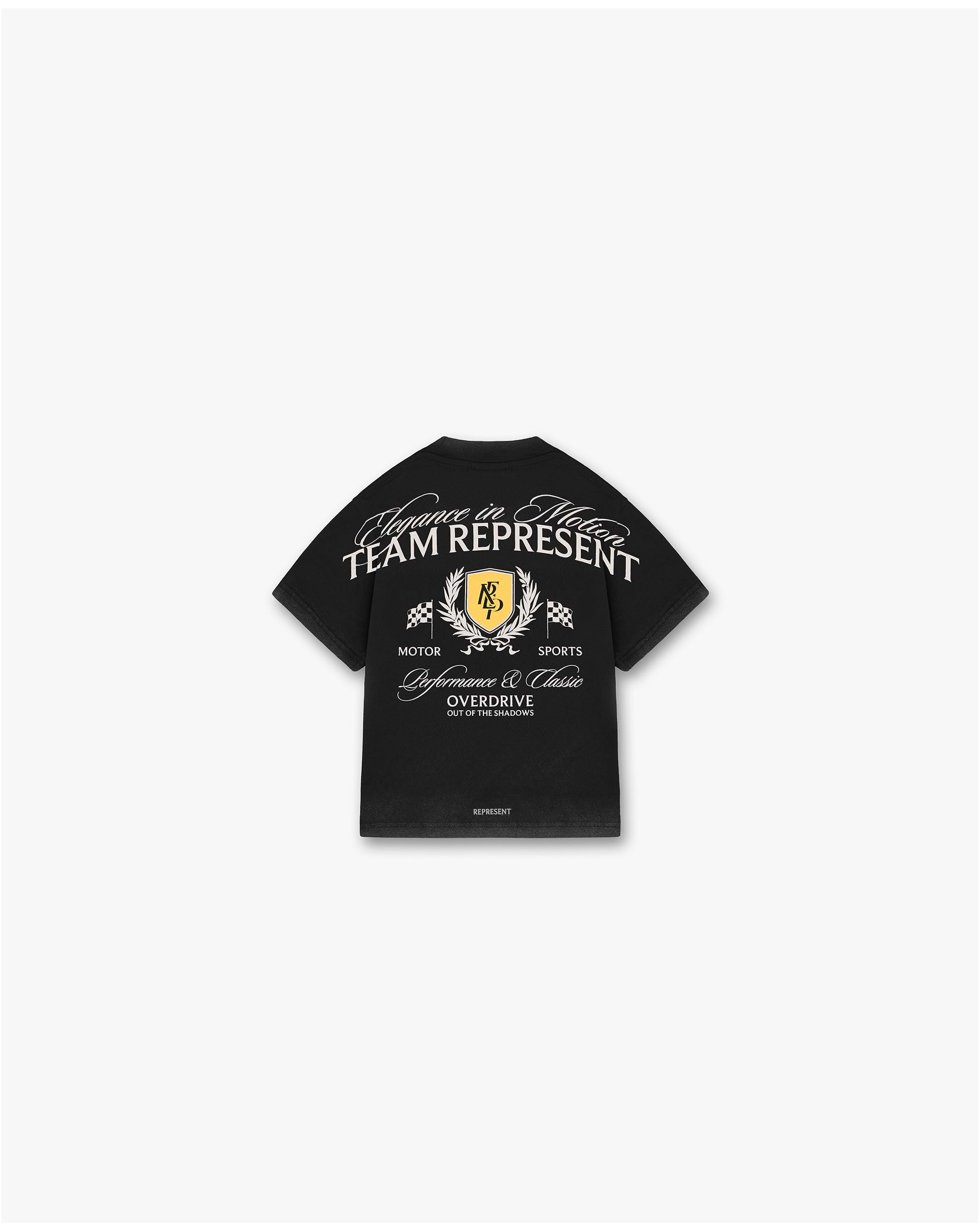 Back product image of a mens black graphic t-shirt on a plain white background | Kids Crest T-Shirt in Vintage Black | Oversized t-shirt with crest graphic and puff print | SS25 T-Shirts | Represent Clo