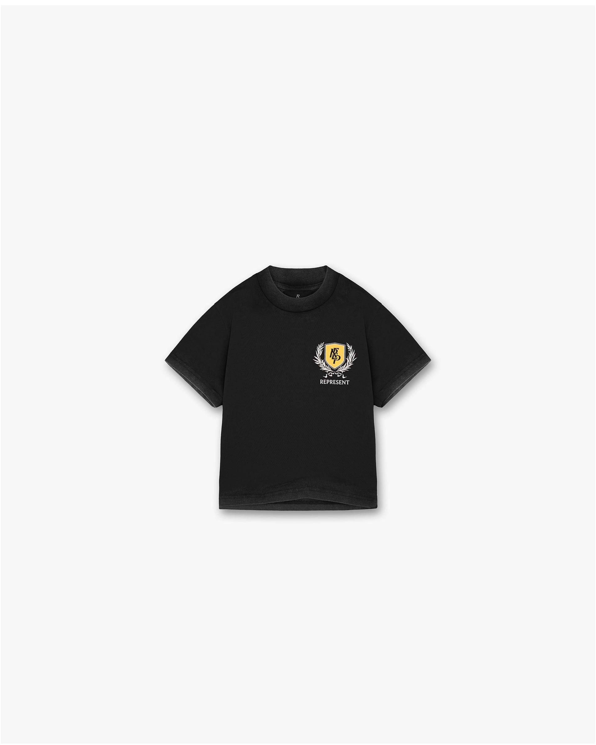 Front product image of a kids black graphic t-shirt on a plain white background | Kids Crest T-Shirt in Vintage Black | Oversized child's graphic t-shirt with crest print | SS25 T-Shirts | Represent Clo