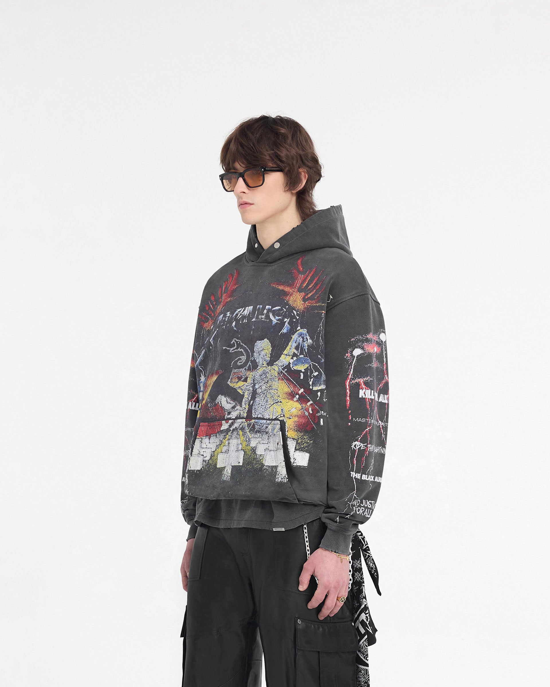 Man wearing a grey hoodie on a plain white background | Represent X Metallica Master Of Puppets Hoodie in Vintage Grey | Oversized hoodie with graphic artwork from five albums | SS24 Hoodies | Represent Clo