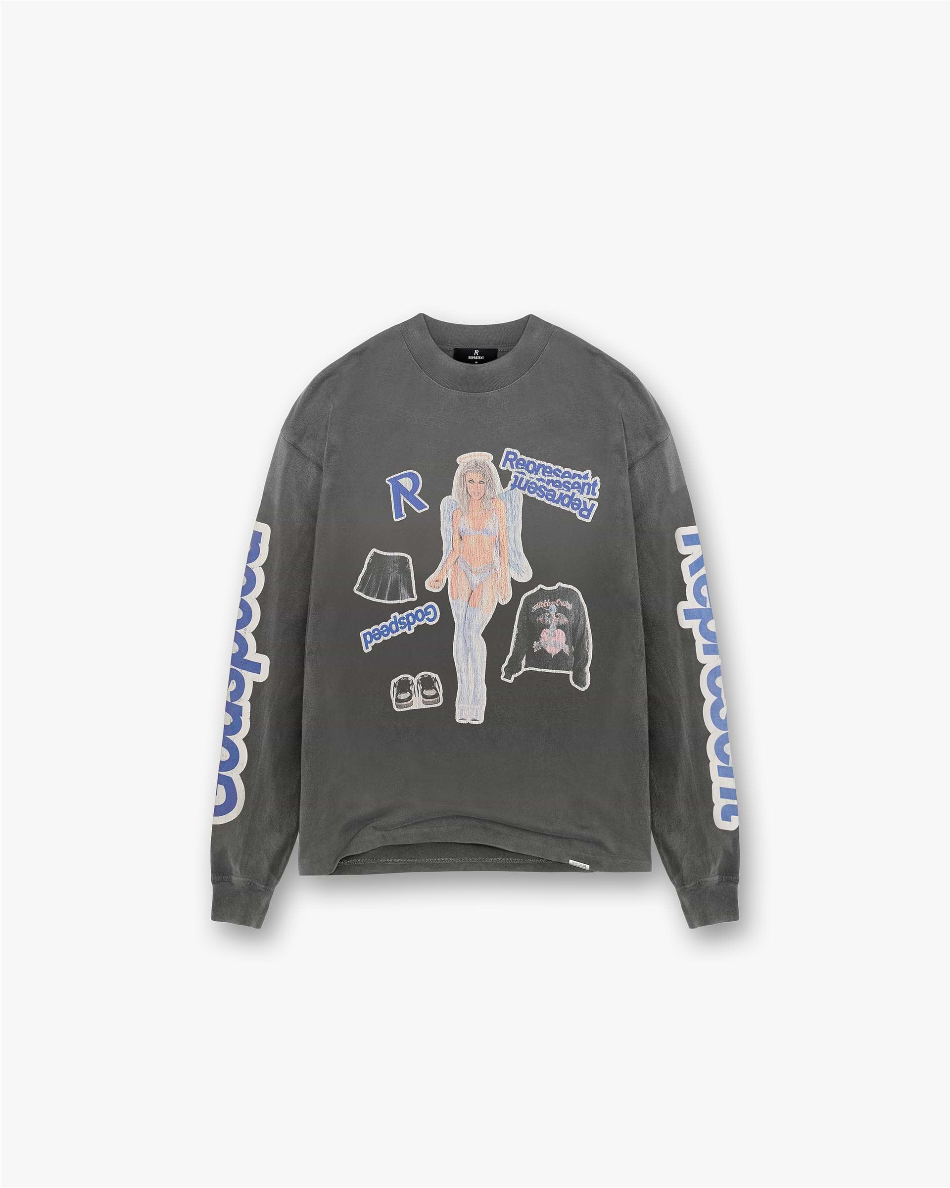 Front product image of a mens grey long sleeve t-shirt on a plain white background | Question Your Innocence Long Sleeve T-Shirt in Vintage Grey | Long sleeve t-shirt with a vintage wash | FW24 T-Shirts | Represent Clo