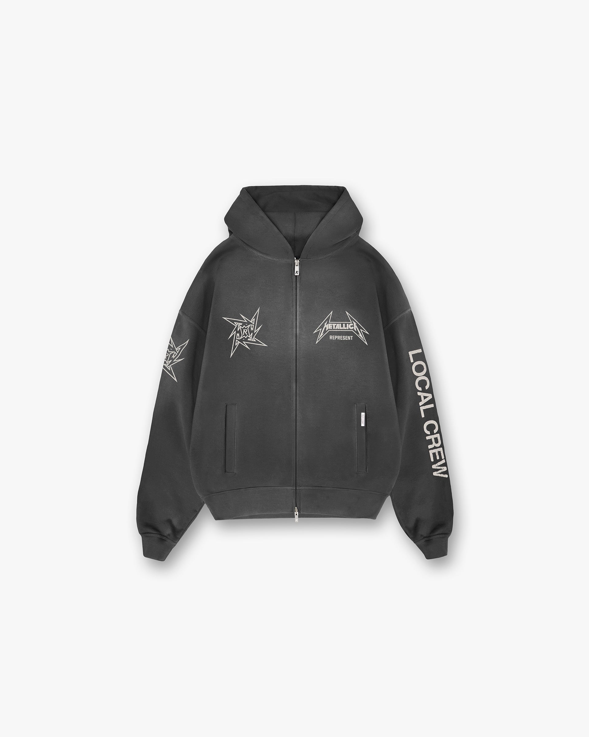 Front product image of a kids black hoodie on a plain white background | Represent X Metallica Local Crew Zip Hoodie in Stained Black | Slightly oversized hoodie with screen printed graphic | SS24 Hoodies | Represent Clo