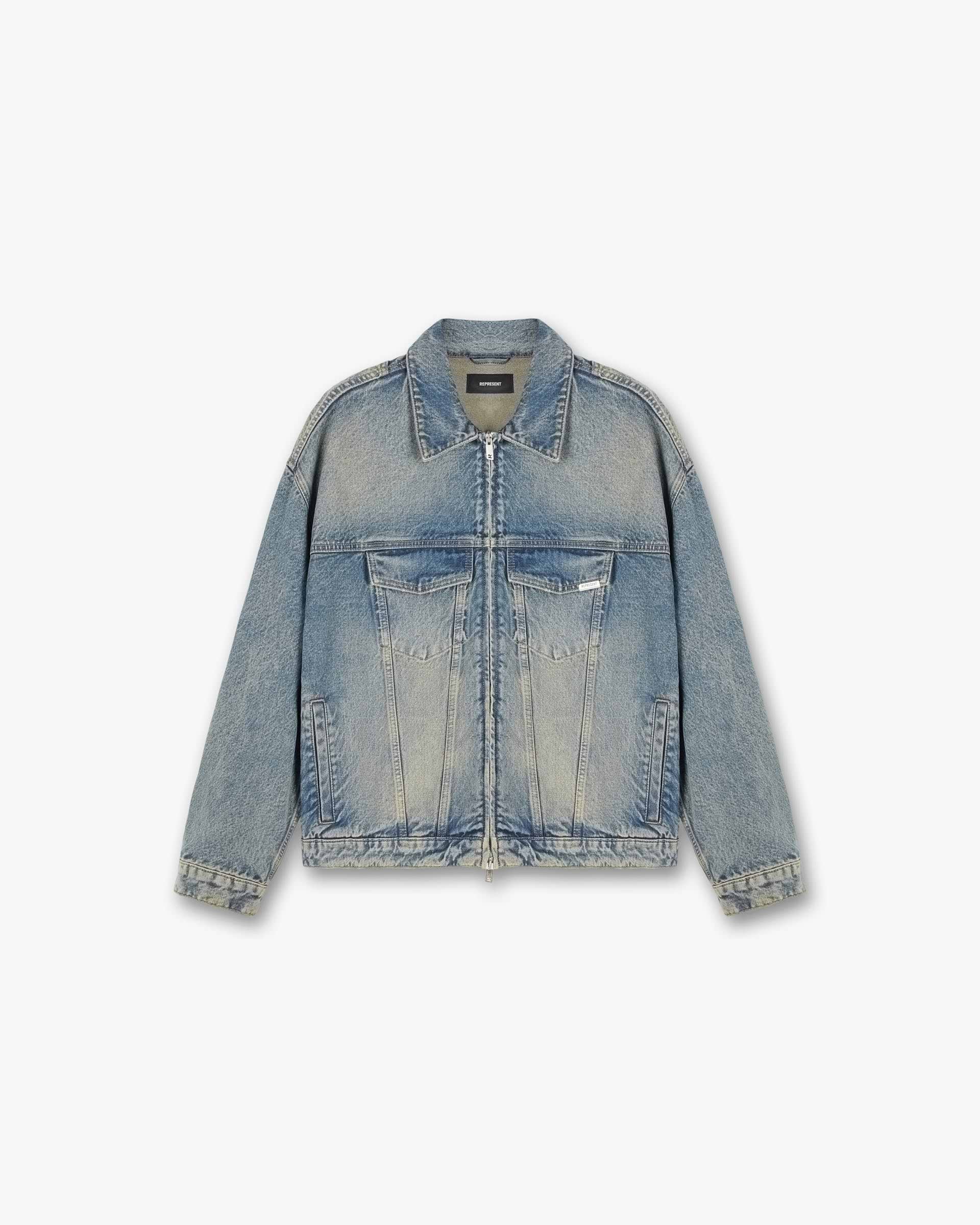 Front product image of a mens blue denim jacket on a plain white background | R4 Denim Jacket in Blue Cream | Denim jacket with structured design | SS24 Denim | Represent Clo