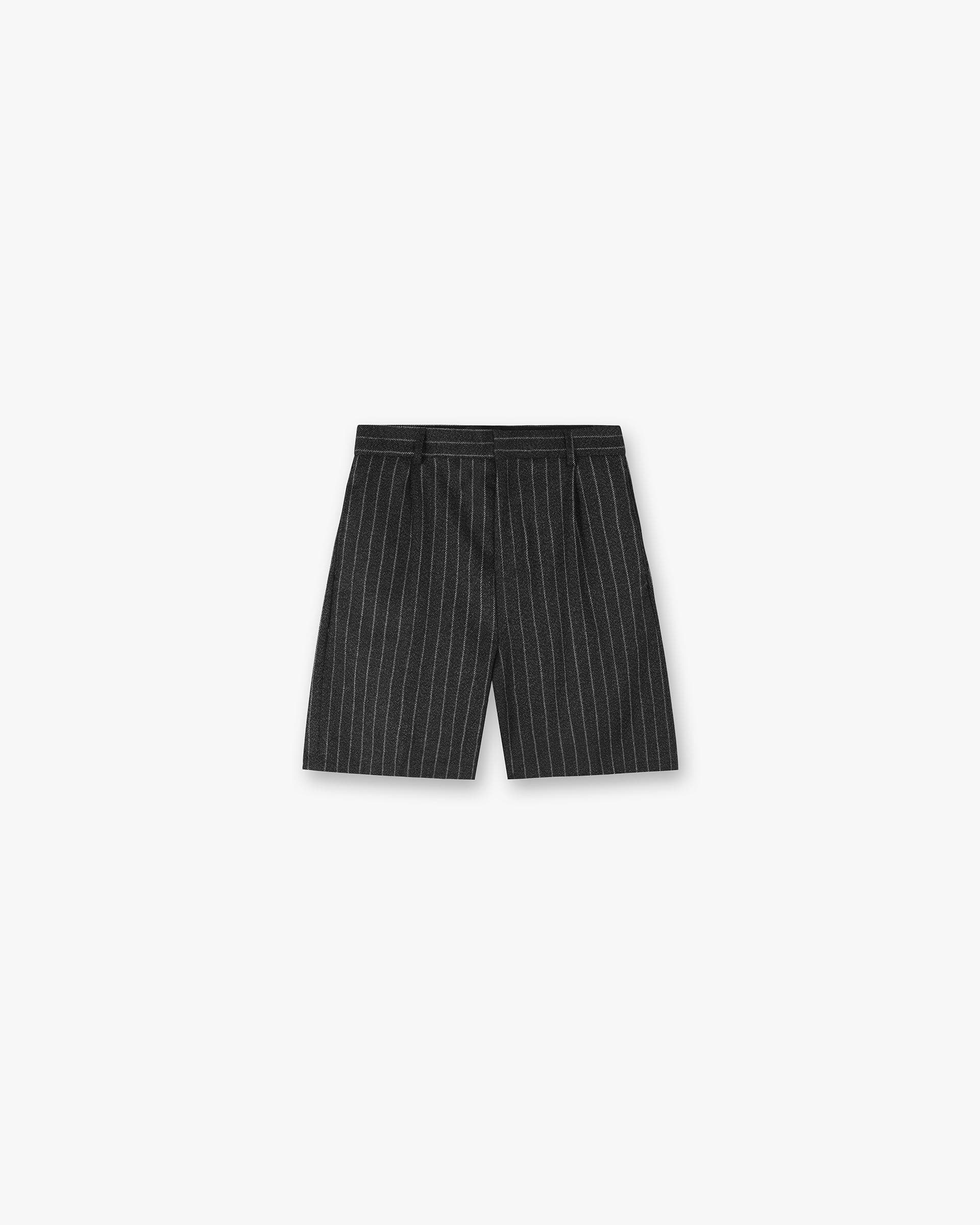 Front product image of mens black pinstripe shorts on a plain white background | Tailored Short in Black Pinstripe | Tailored shorts with pinstripe design | SS24 Shorts | Represent Clo