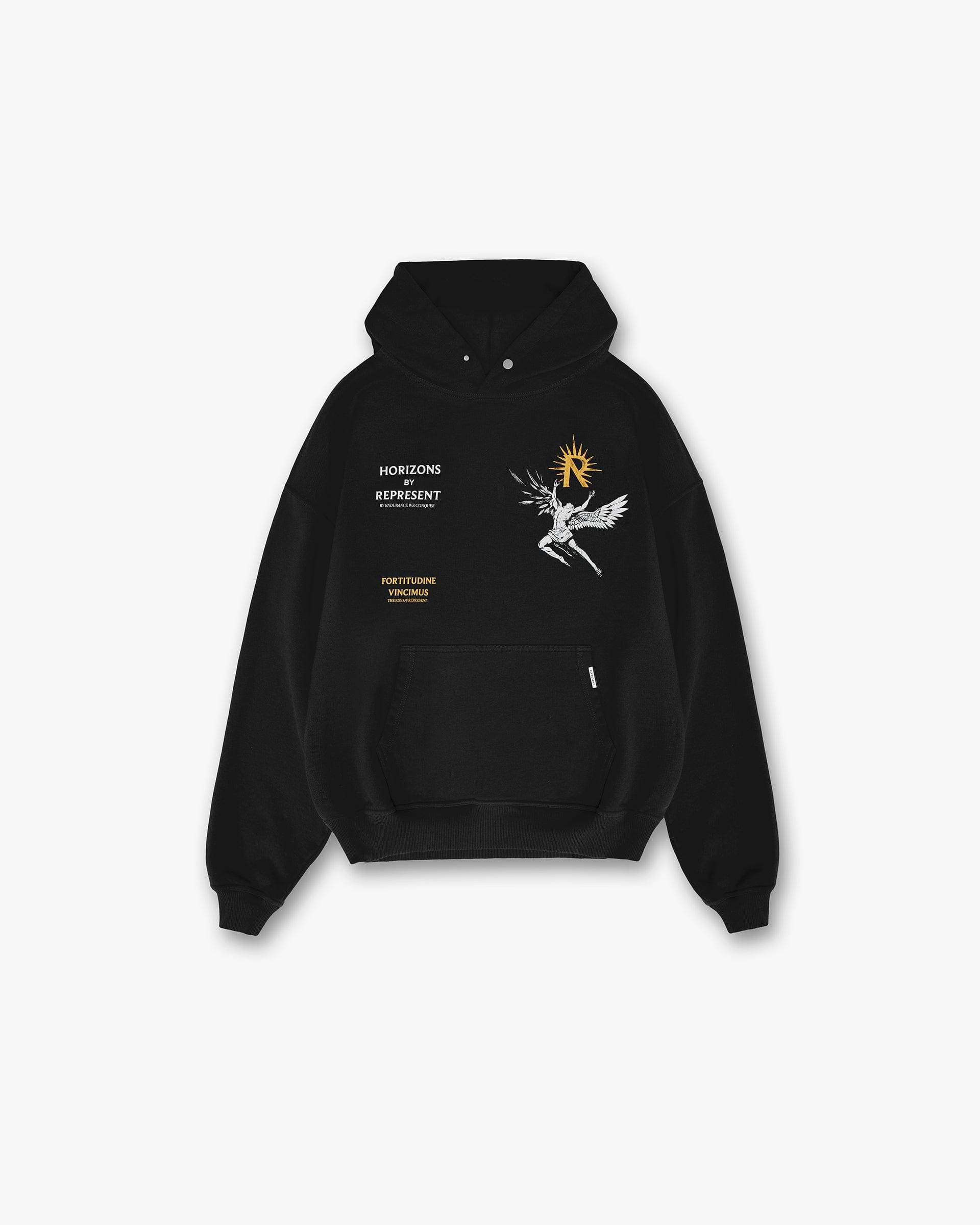Front product image of a mens black hoodie on a plain white background | Icarus Hoodie in Jet Black | Hoodie with regular fit | SS24 Hoodies | Represent Clo