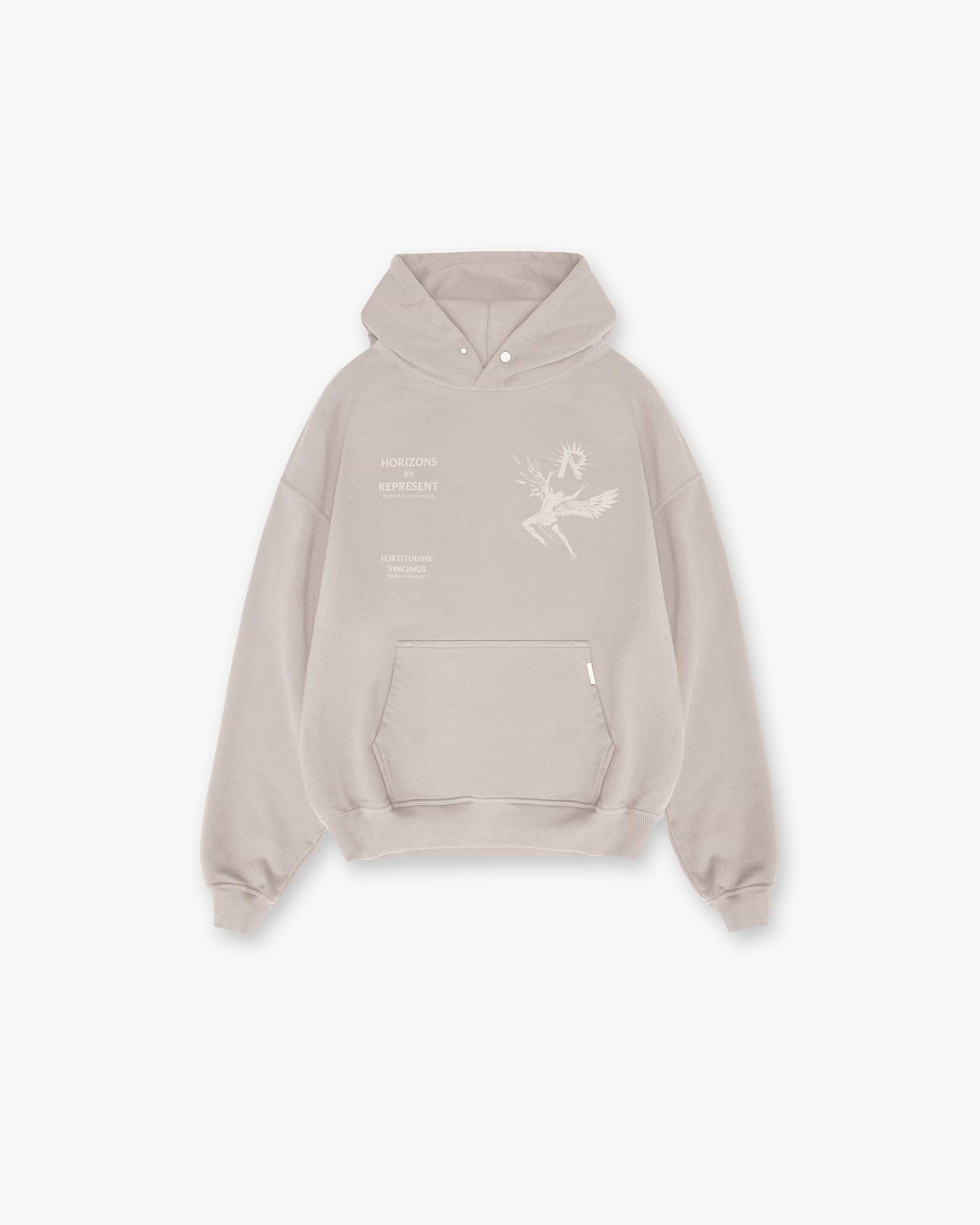 Front product image of a mens taupe hoodie on a plain white background | Icarus Hoodie in Taupe | Hoodie with a comfortable fit and external flatlock stitching | SS24 Hoodies | Represent Clo