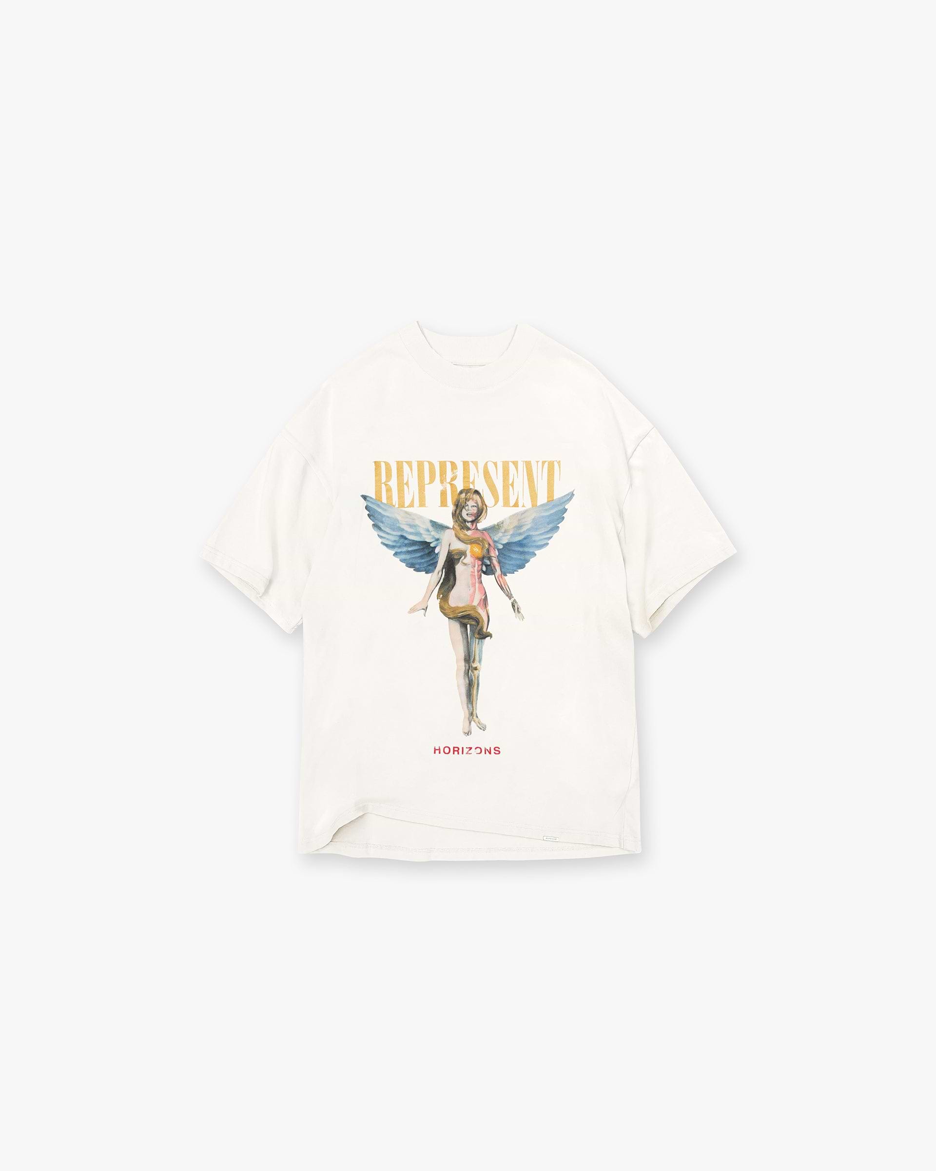 Front product image of a mens white t-shirt on a plain white background | Reborn T-Shirt in Flat White | Classic fit t-shirt | SS24 T-Shirts | Represent Clo