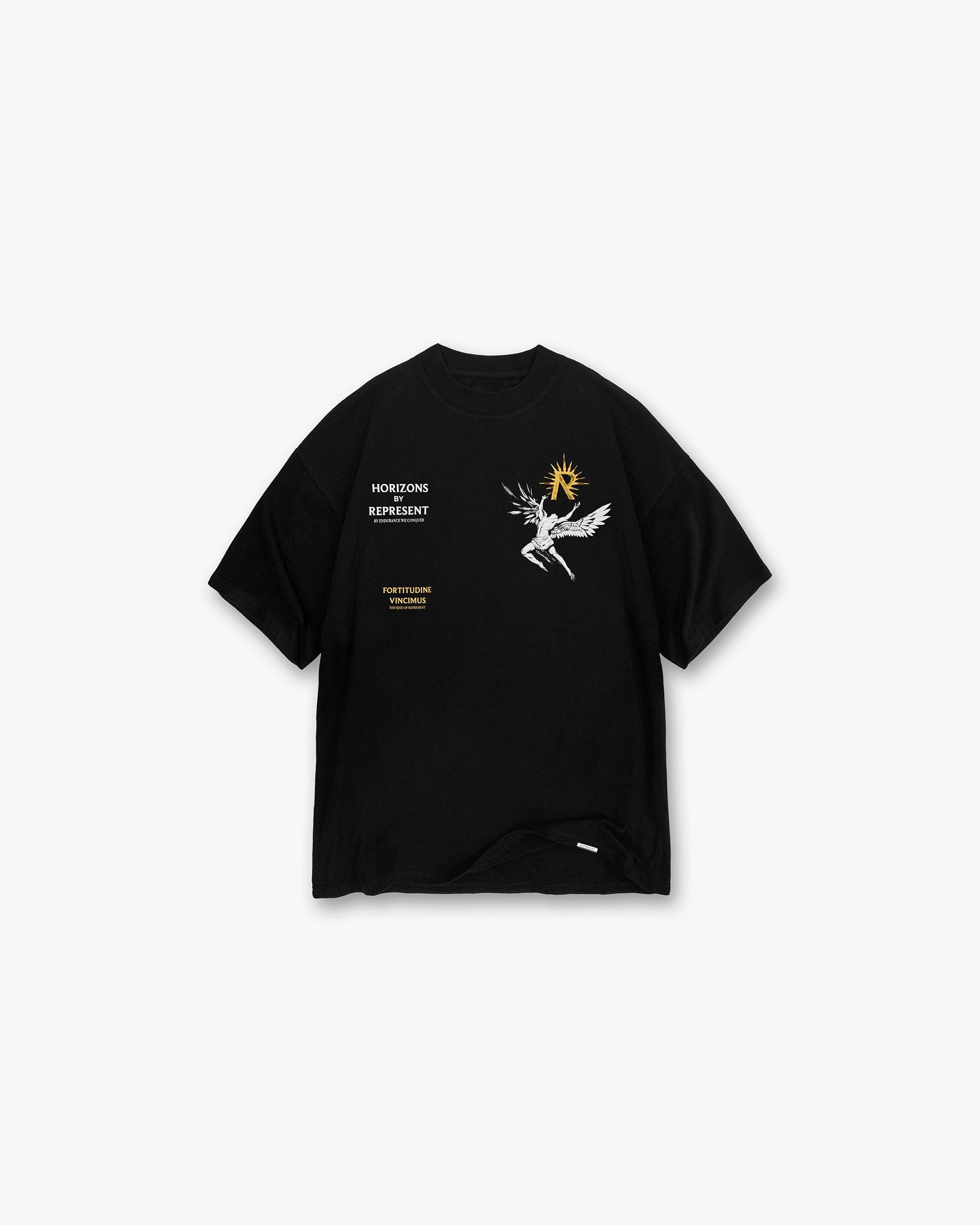 Front product image of a mens black t-shirt on a plain white background | Icarus T-Shirt in Jet Black | T-Shirt with slightly oversized fit and metal bar logo | SS24 T-Shirts | Represent Clo