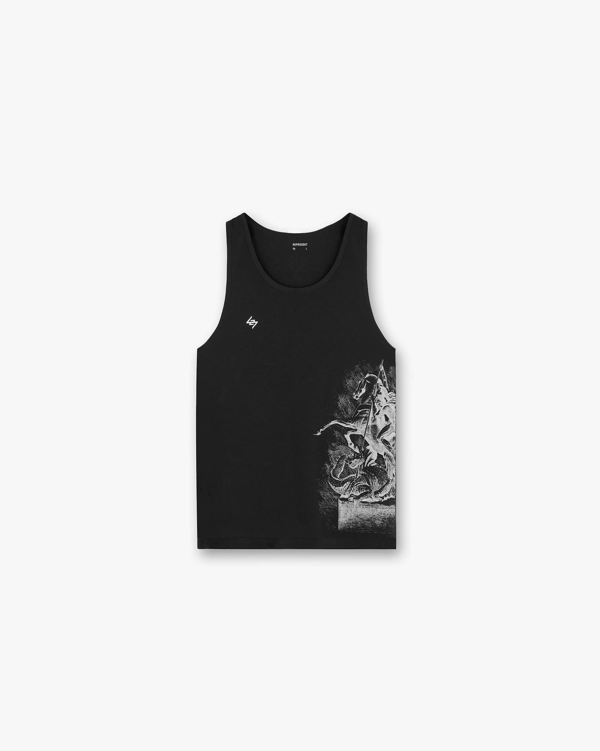 Front product image of a mens black vest on a plain white background | Vintage 247 Run Vest in Black Papyrus | Nylon blend performance vest | 247 T-Shirts | Represent Clo