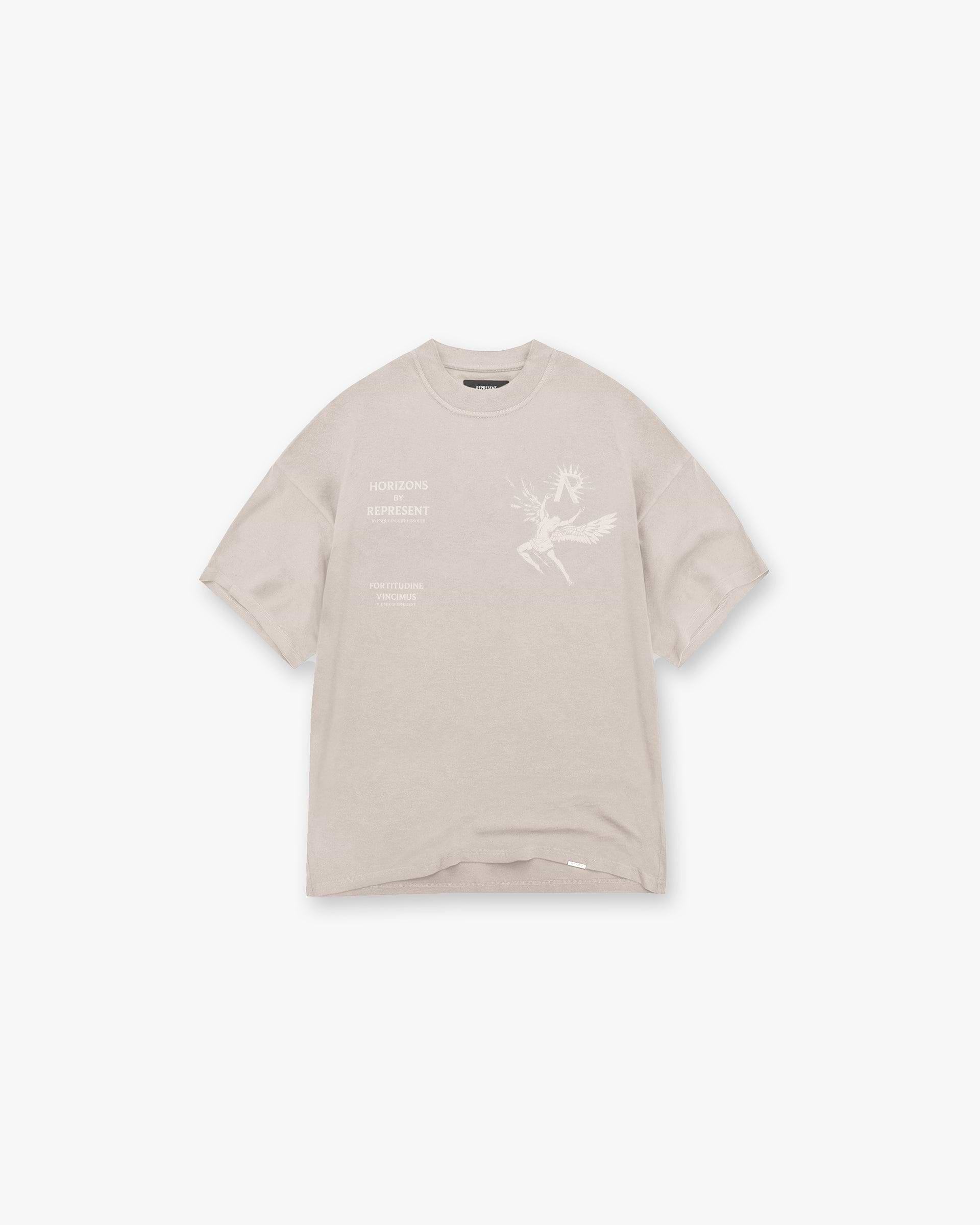 Front product image of a mens taupe t-shirt on a plain white background | Icarus T-Shirt in Taupe | Oversized t-shirt with external overlock seams | SS24 T-Shirts | Represent Clo