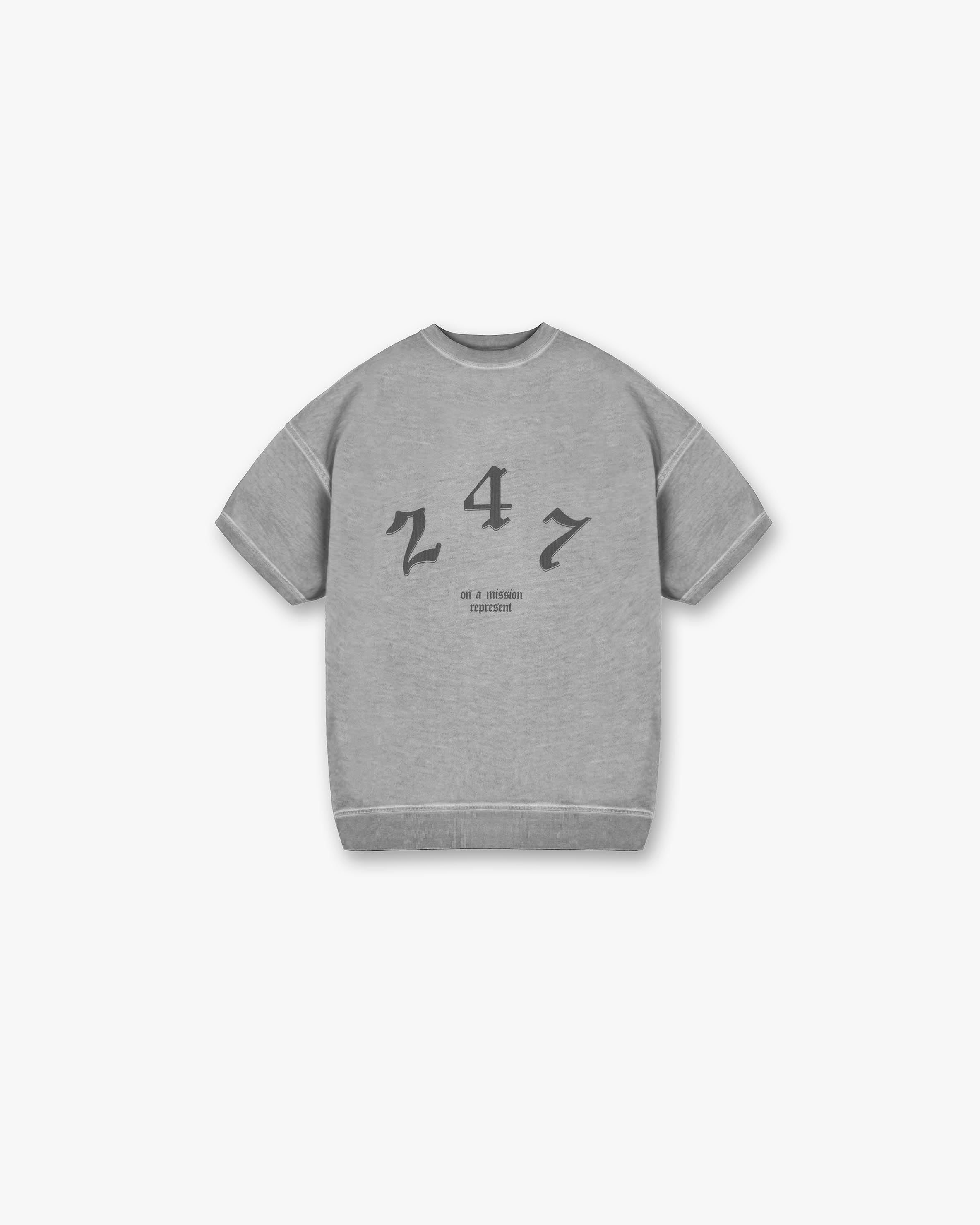 Front product image of a mens grey short sleeved sweatshirt on a plain white background | Vintage 247 Short Sleeved Sweatshirt in Smoke | Short sleeved sweatshirt | 247 Sweaters | Represent Clo