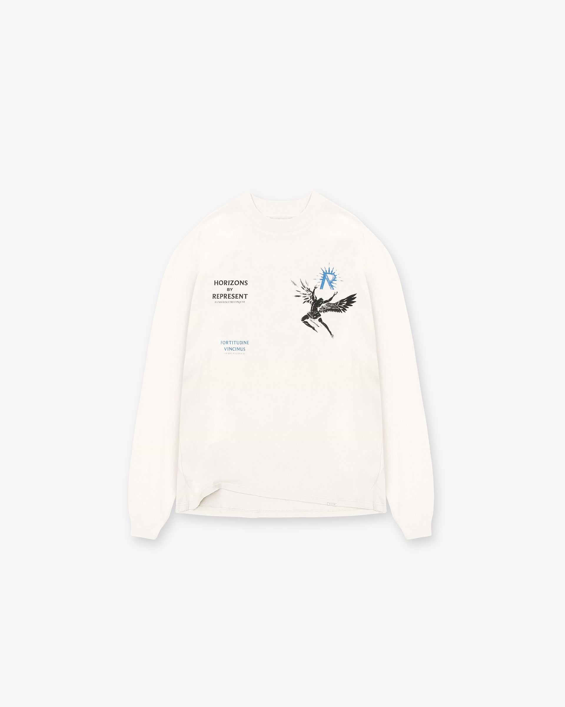 Front product image of a mens white long sleeve t-shirt on a plain white background | Icarus Long Sleeve T-Shirt in Flat White | Long sleeve t-shirt with minimalist design | SS24 T-Shirts | Represent Clo