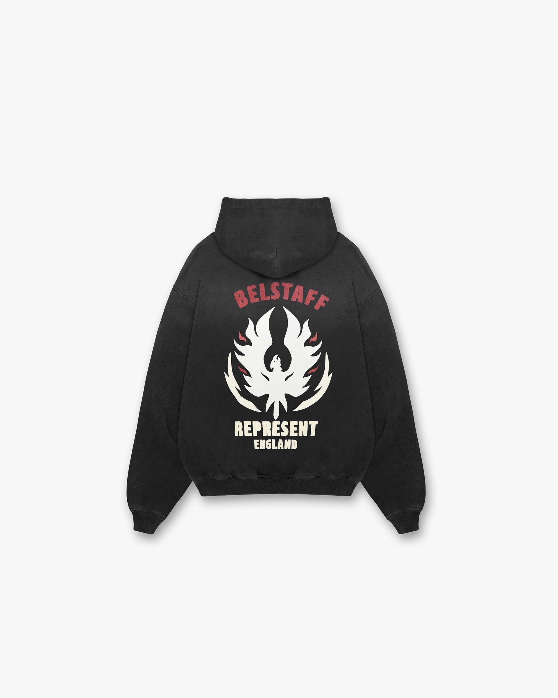 Back product image of a mens black hoodie on a plain white background | Represent X Belstaff Flame Phoenix Hoodie in Shadow | Hoodies with stylised logos | Exclusives Hoodies | Represent Clo