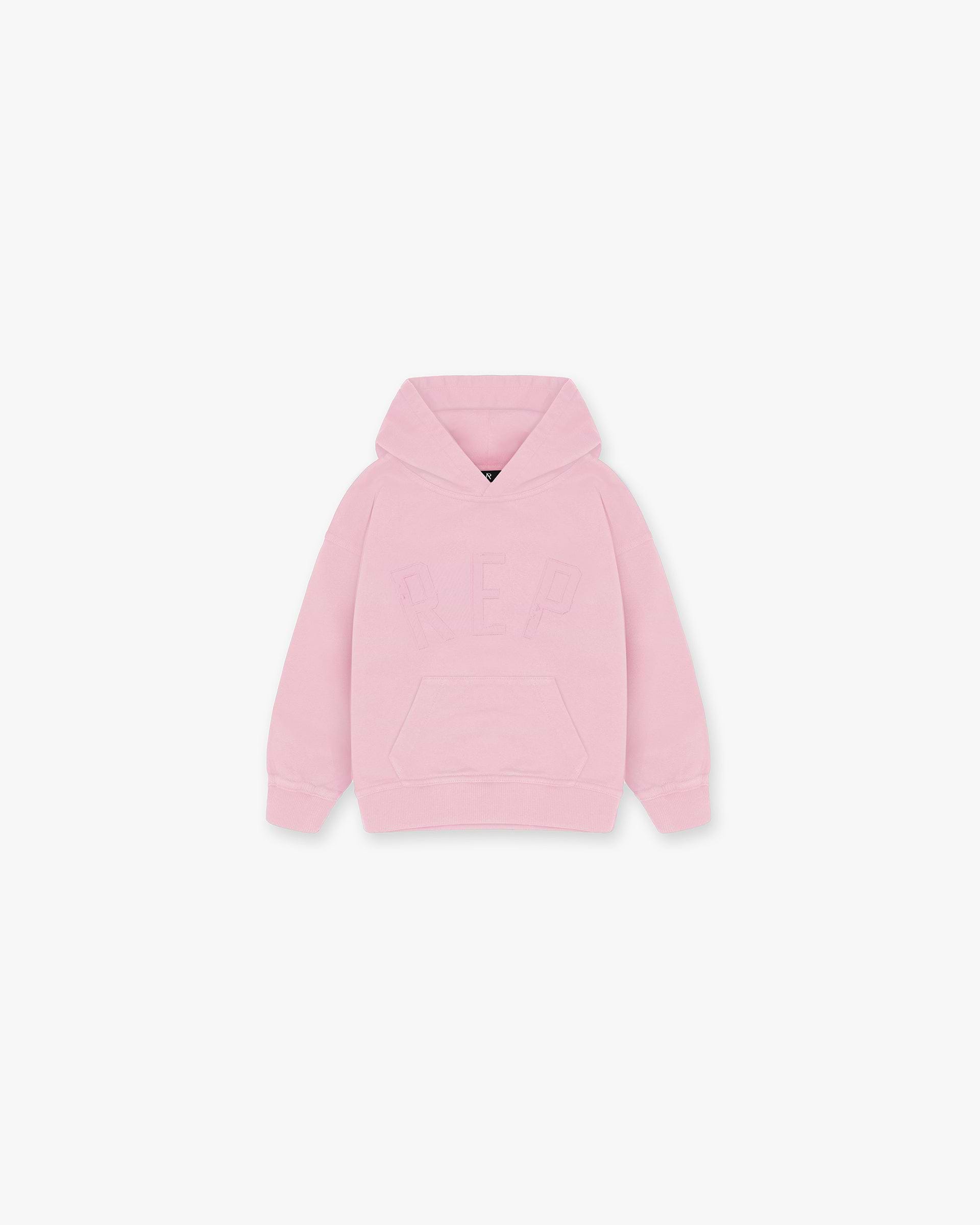 Front product image of a childs pink hoodie on a plain white background | Mini Rep Applique Hoodie in Candy Pink | Oversized childs hoodie with applique detailing | FW24 Hoodies | Represent Clo