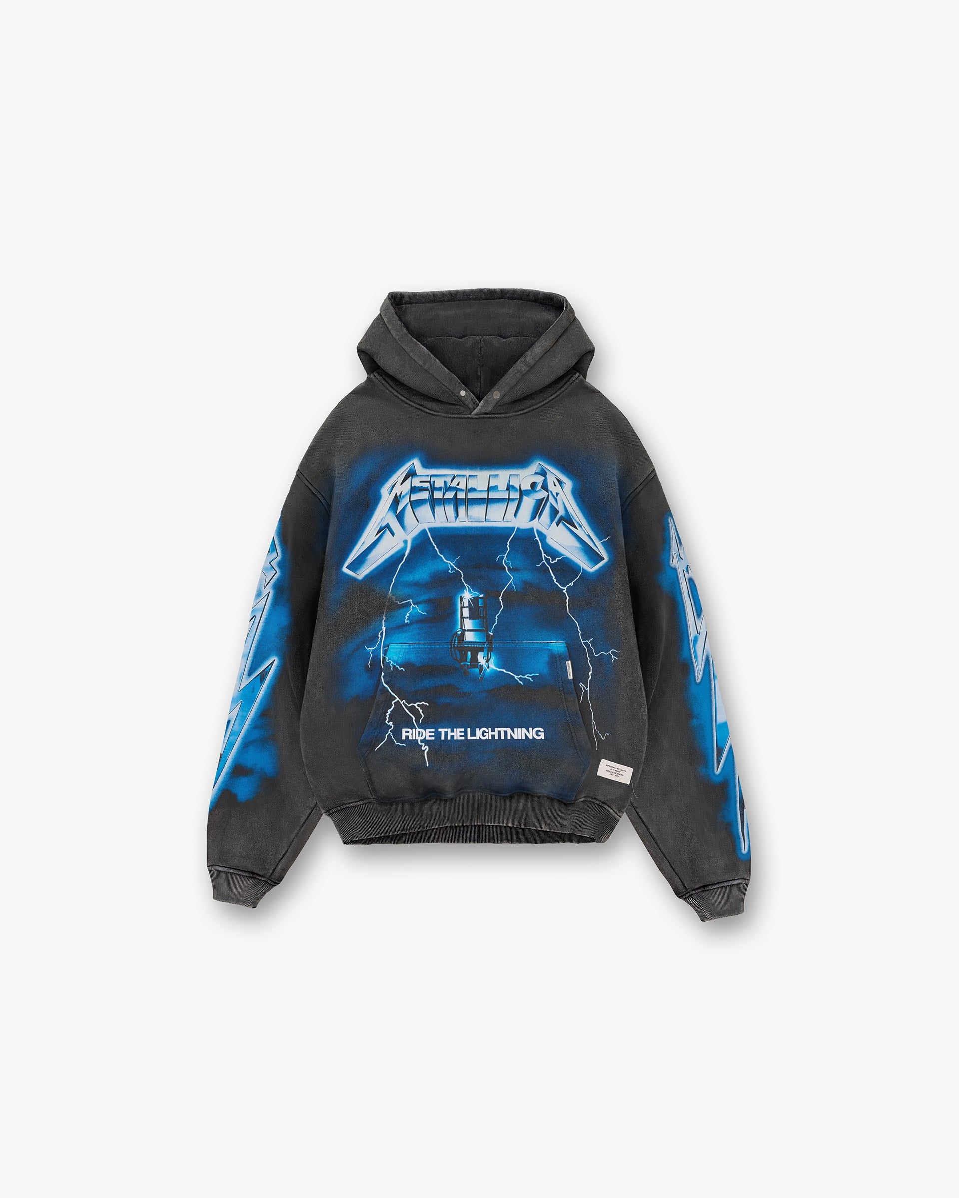 Front product image of a mens grey hoodie on a plain white background | Represent X Metallica Ride The Lightning Hoodie in Vintage Grey | Heavyweight hoodie with Metallica graphic | SS24 Hoodies | Represent Clo
