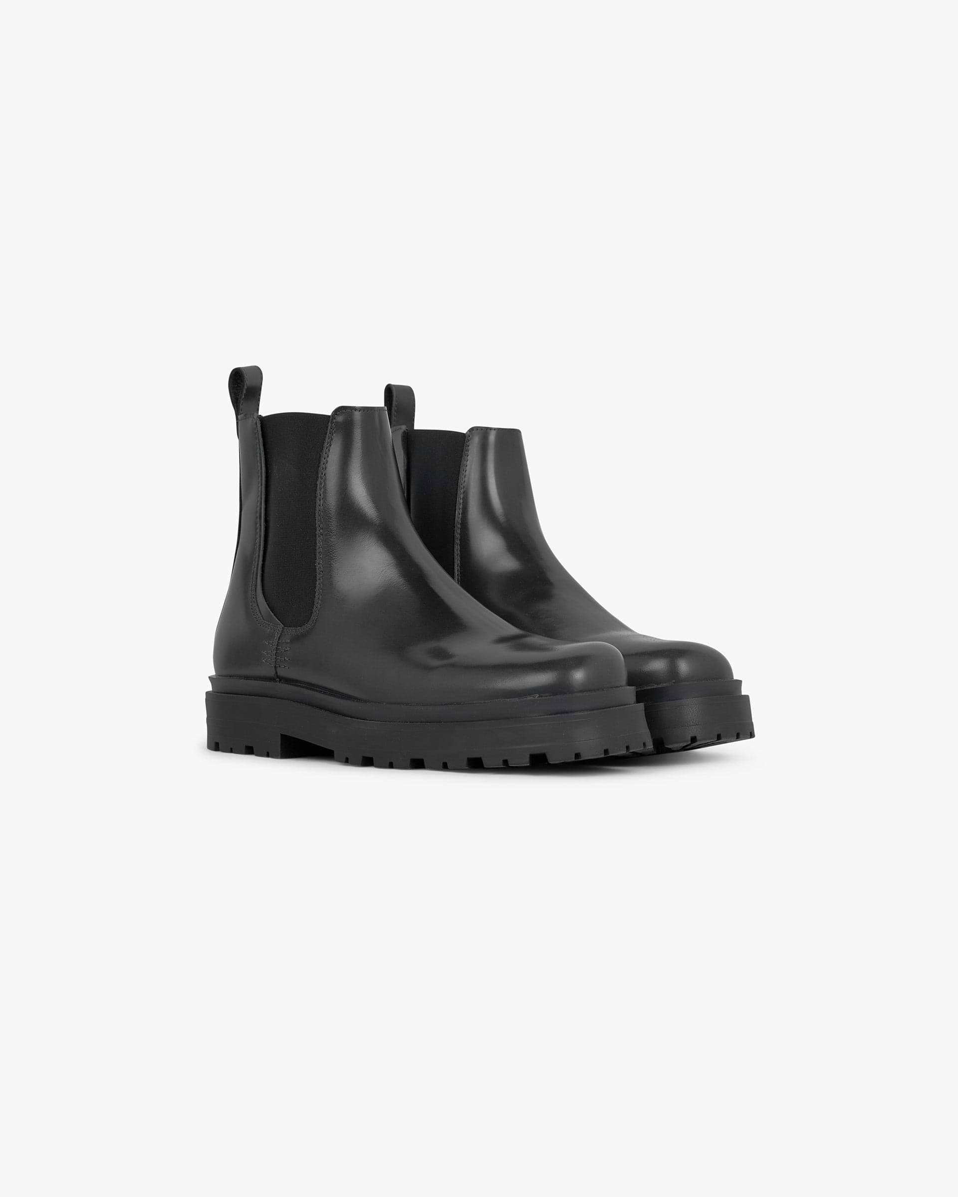 Back product image of mens black leather boot on a plain white background | Work Boot Pull Up Leather in Off Black | Leather boot with elastic gusset and rubber outsole | PRE SS25 Footwear | Represent Clo