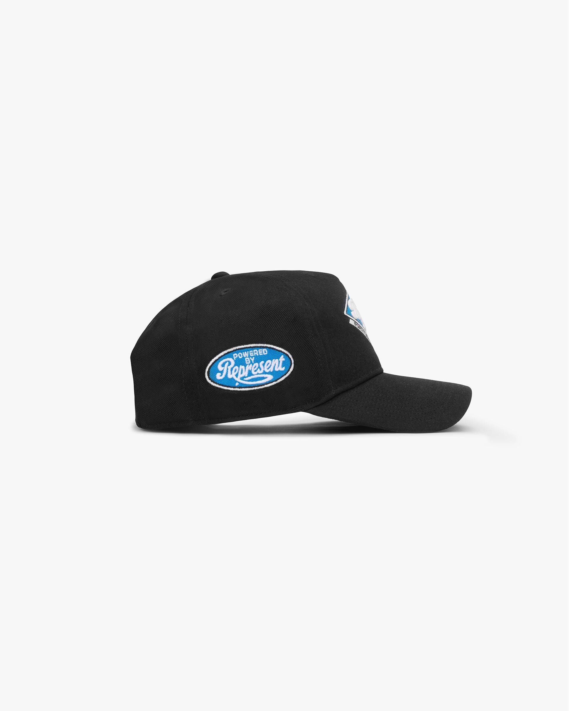 Back product image of mens black cap on a plain white background | Powered By Represent Cap in Black | Unstructured trucker cap with embroidered patch and snapback adjuster | SS24 Accessories | Represent Clo