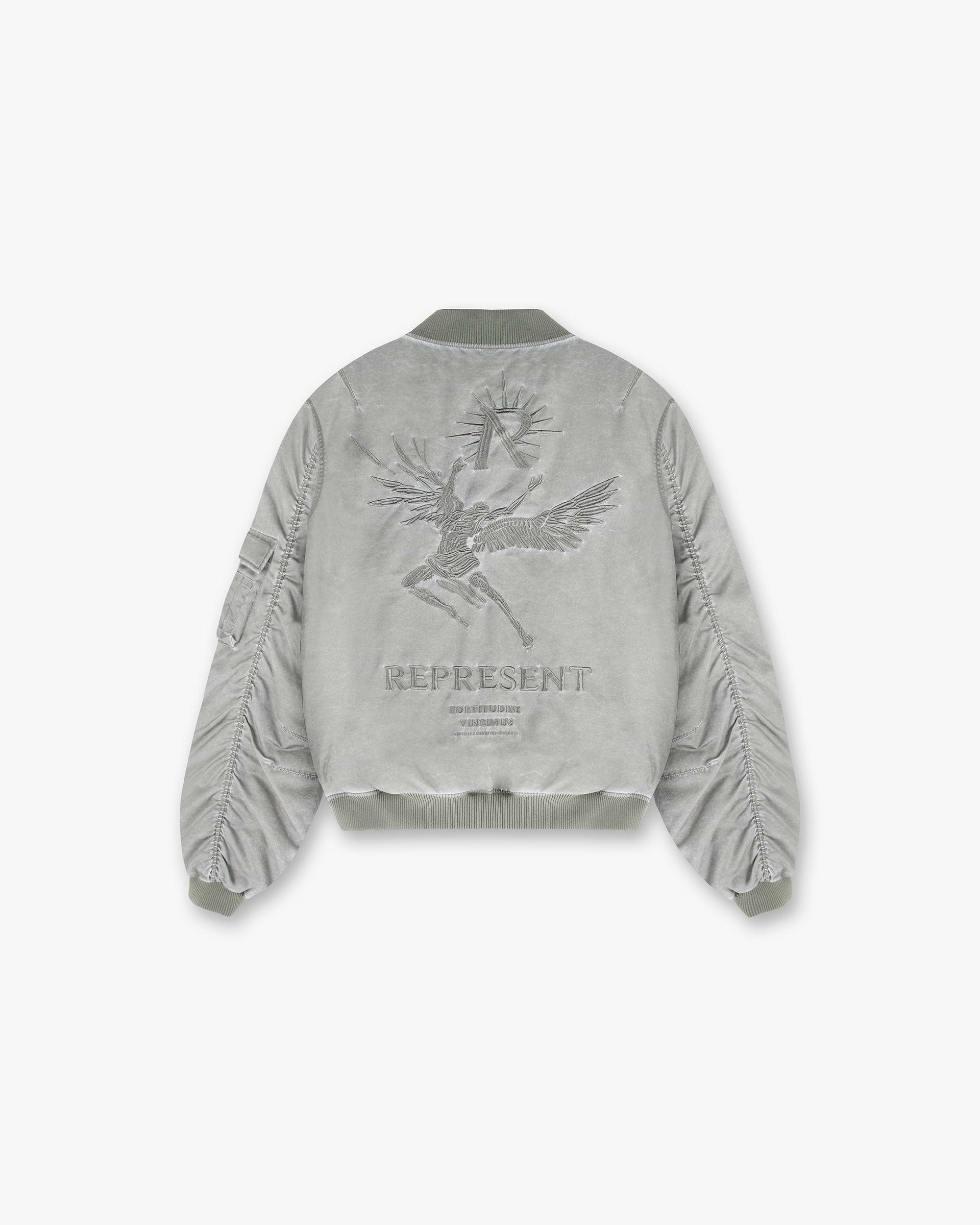 Back product image of a mens khaki bomber jacket on a plain white background | Icarus Flight Bomber in Khaki | Bomber jacket with sleeve gathering and zip pockets | SS24 Outerwear | Represent Clo