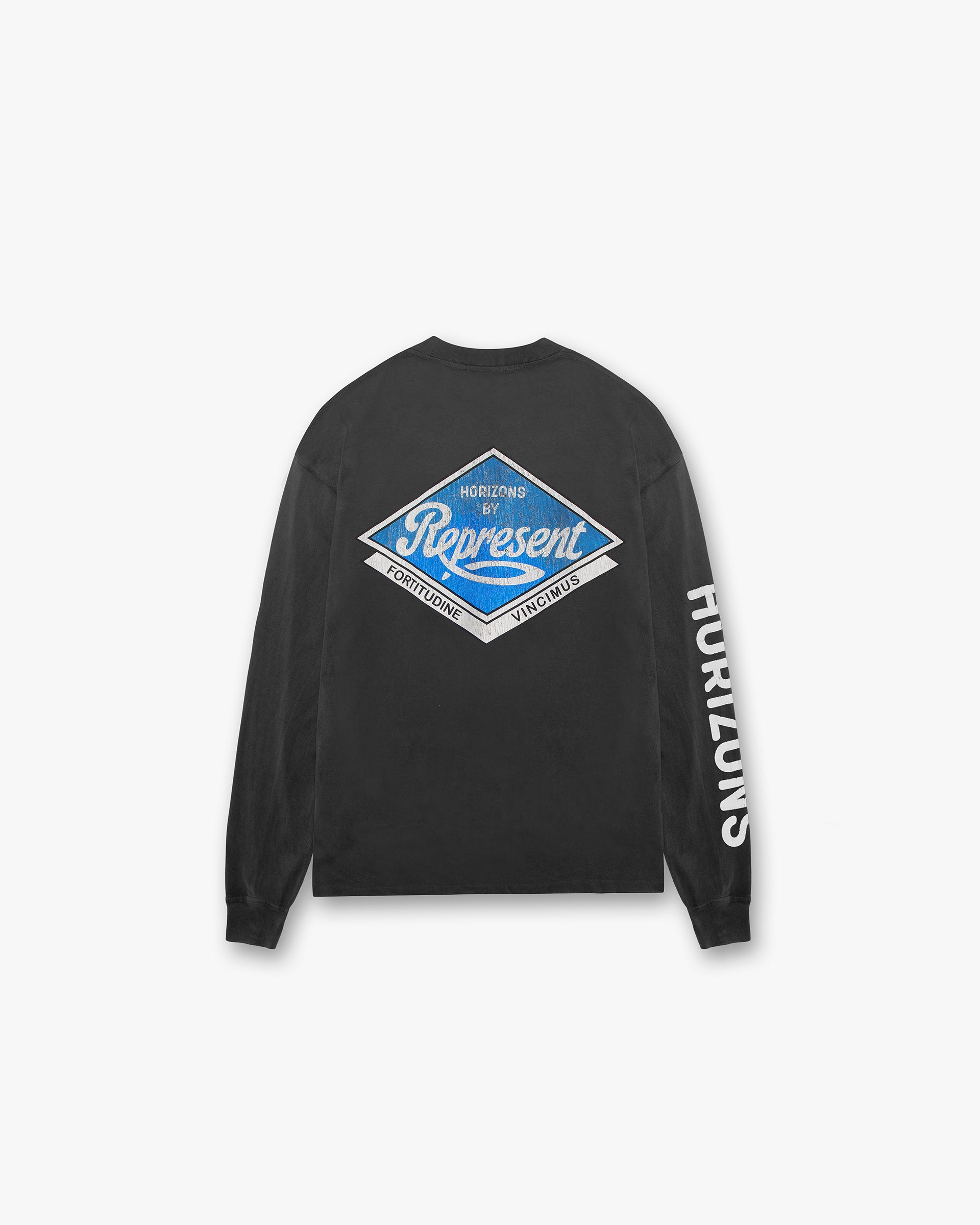 Back product image of a mens black long sleeve t-shirt on a plain white background | Classic Parts Long Sleeve T-Shirt in Aged Black | T-Shirt with Horizons motorsport inspired graphic and ribbed cuffs | SS24 T-Shirts | Represent Clo