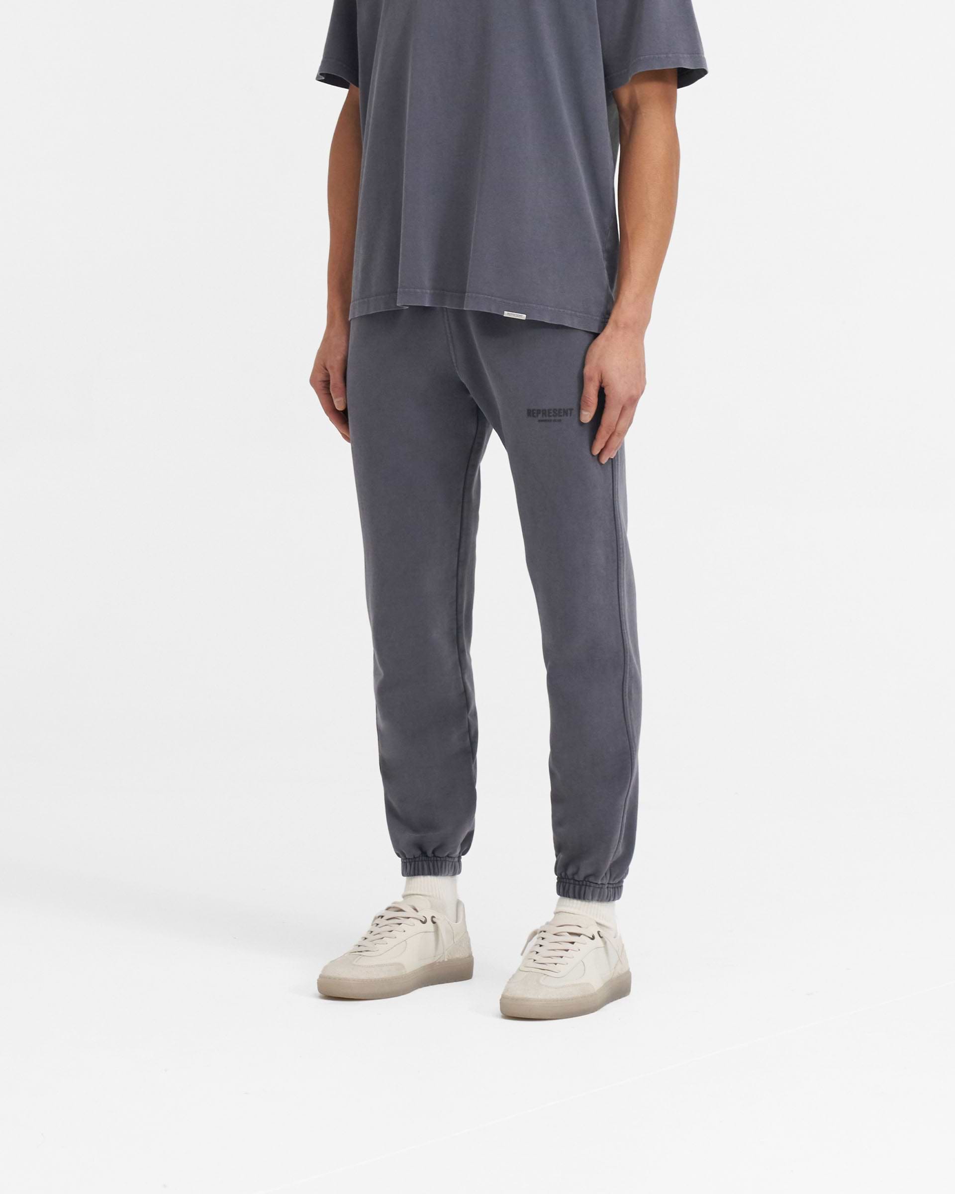 Man wearing grey sweatpants on a plain white background | Represent Owners Club Sweatpant in Storm | Sweatpants with elasticated waistband | Owners Club Pants | Represent Clo