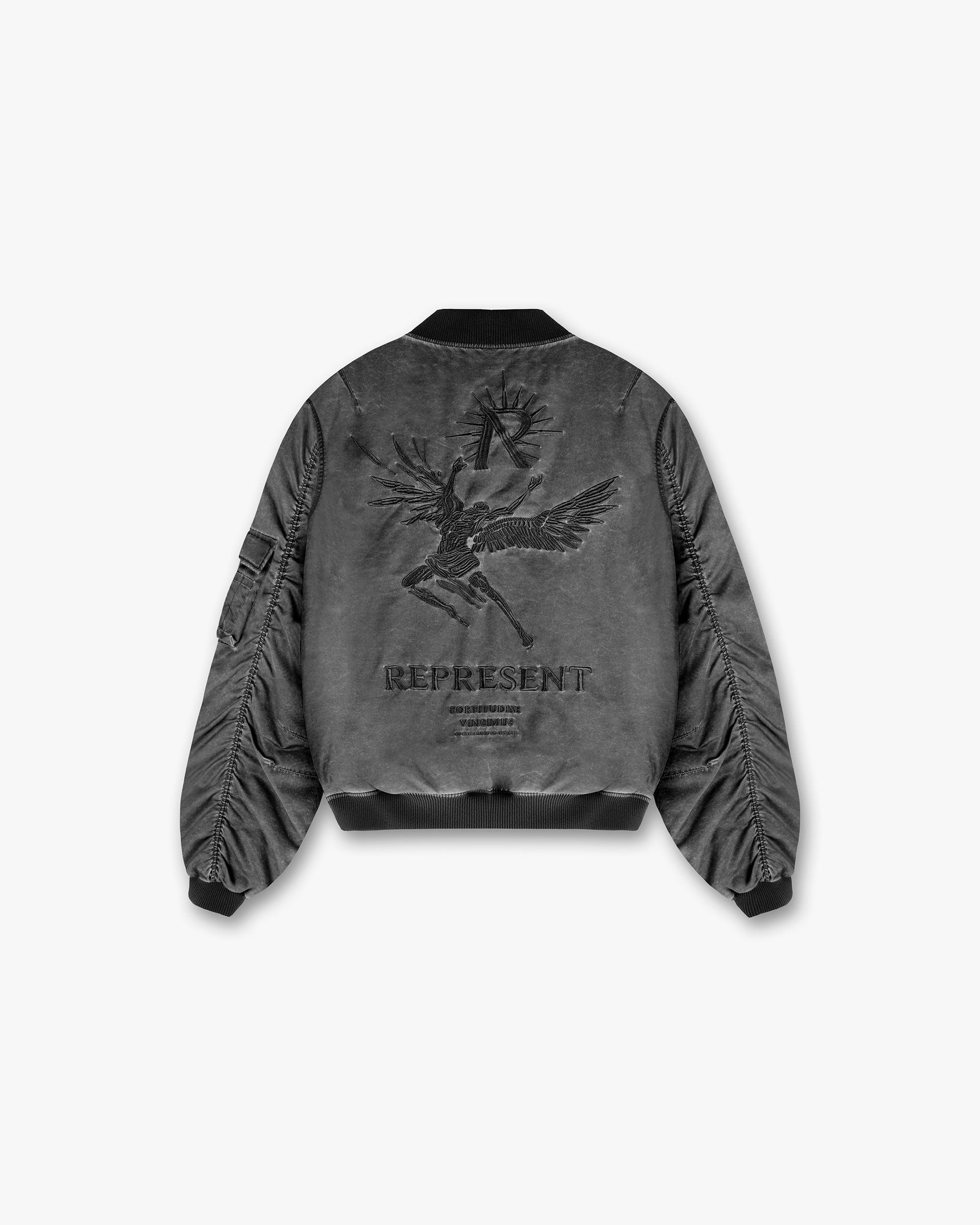 Back product image of a mens black bomber jacket on a plain white background | Icarus Flight Bomber in Jet Black | Bomber jacket with embroidered Icarus artwork | SS24 Outerwear | Represent Clo