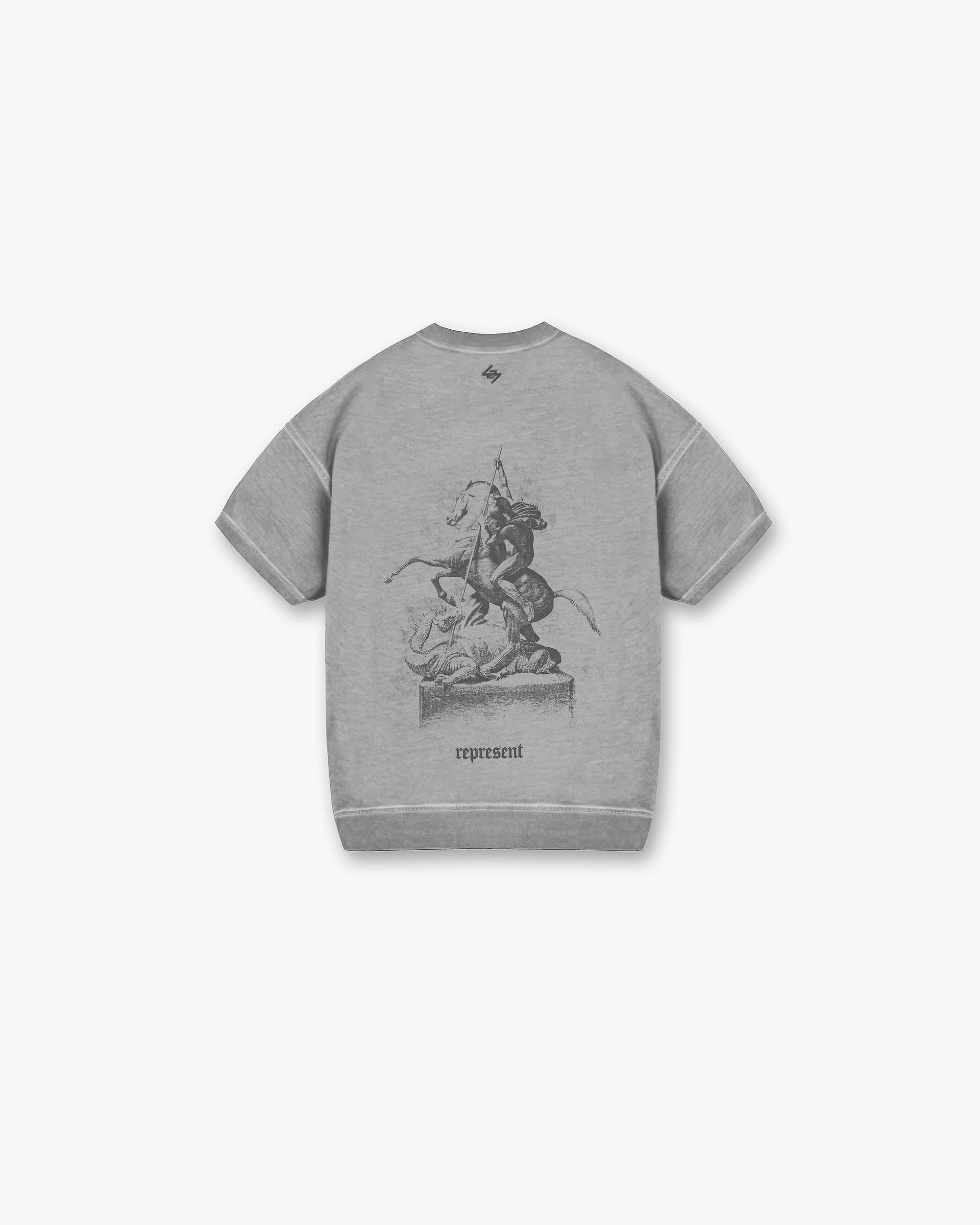 Back product image of a mens grey short sleeved sweatshirt on a plain white background | Vintage 247 Short Sleeved Sweatshirt in Smoke | Oversized fit sweater with George and the Dragon graphic | 247 Sweaters | Represent Clo