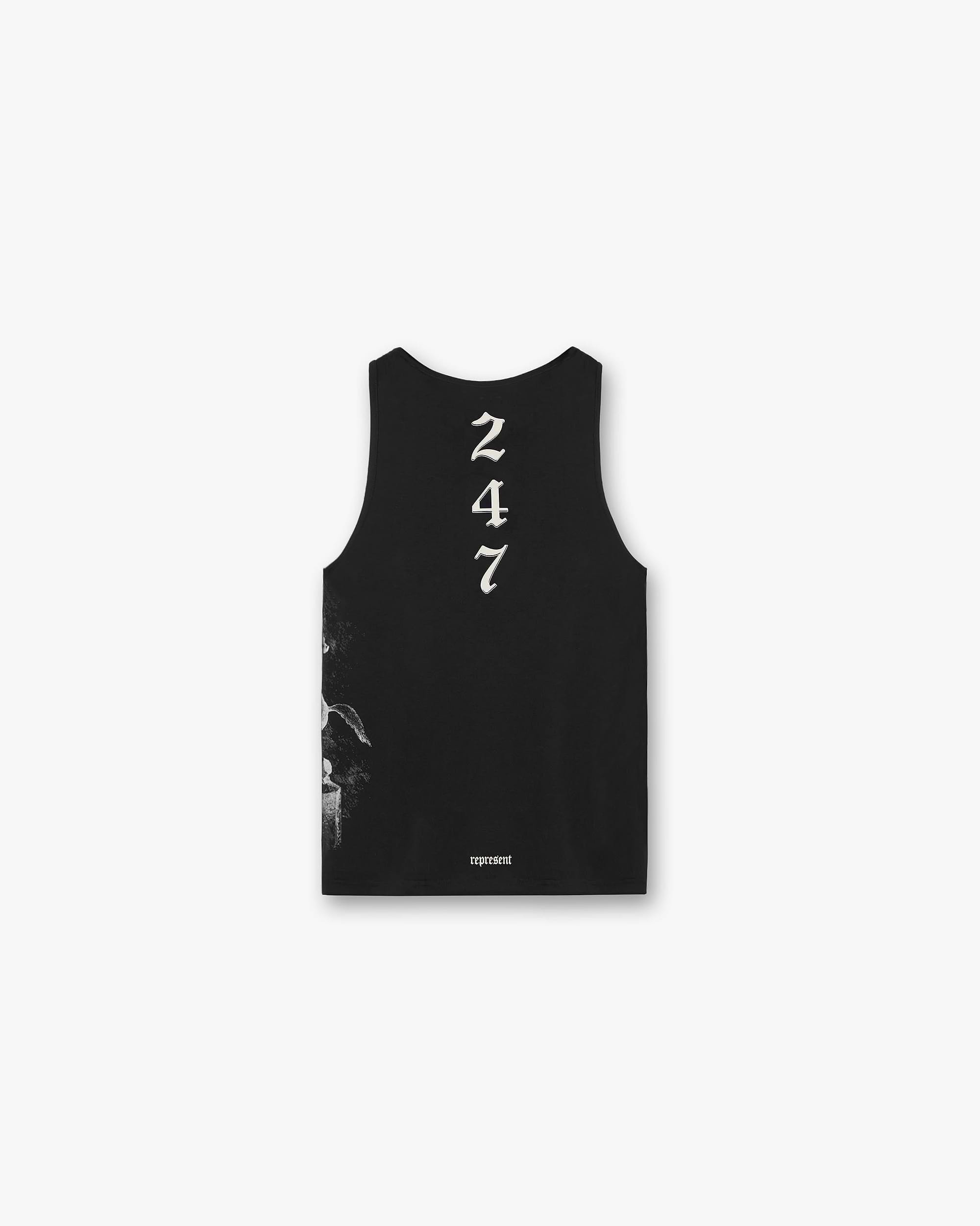 Back product image of a mens black and white running vest on a plain white background | Vintage 247 Run Vest in Black Papyrus | Running vest with Old English Typography and graphic print | 247 T-Shirts | Represent Clo