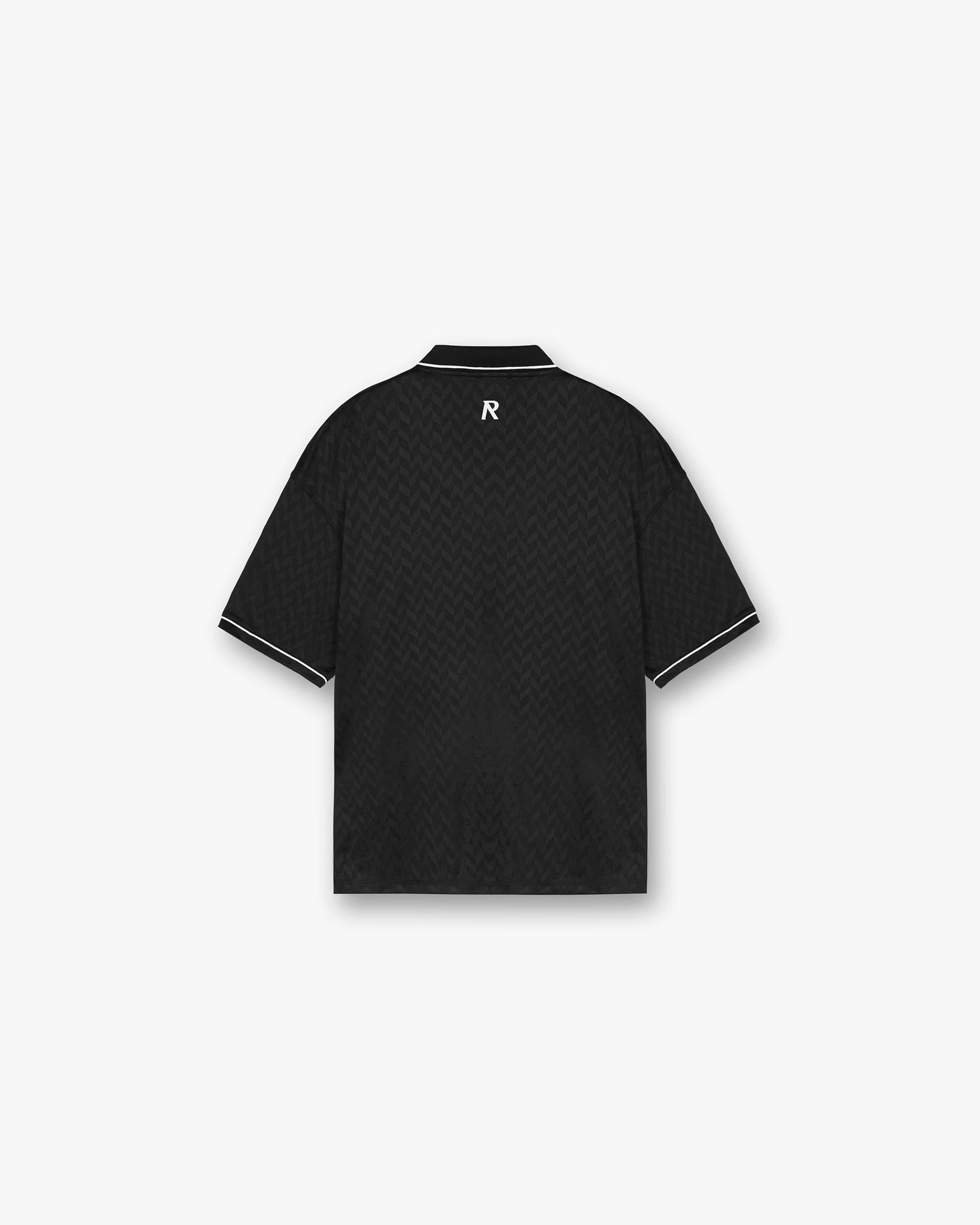 Back product image of a mens black jersey on a plain white background | Three Dogs Jersey in Jet Black | Oversized football jersey with Initial logo and white trims | Exclusives T-Shirts | Represent Clo