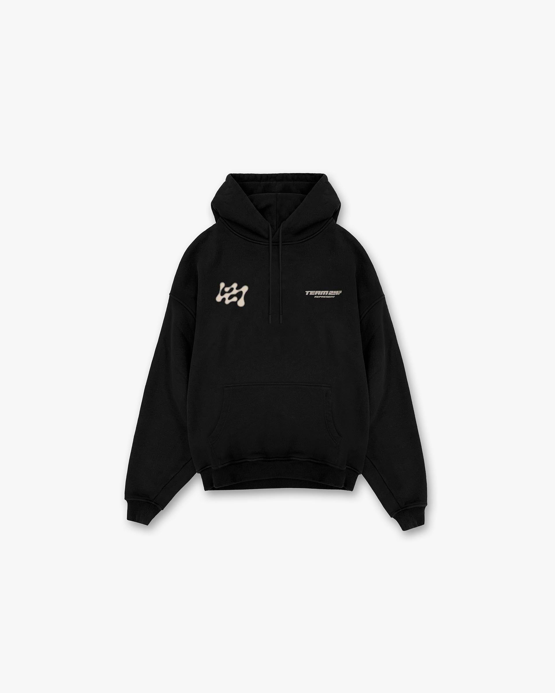Front product image of a mens black hoodie on a plain white background | 247 Future Terrains Oversized Hoodie in Black | Oversized hoodie with durable construction | 247 Hoodies | Represent Clo