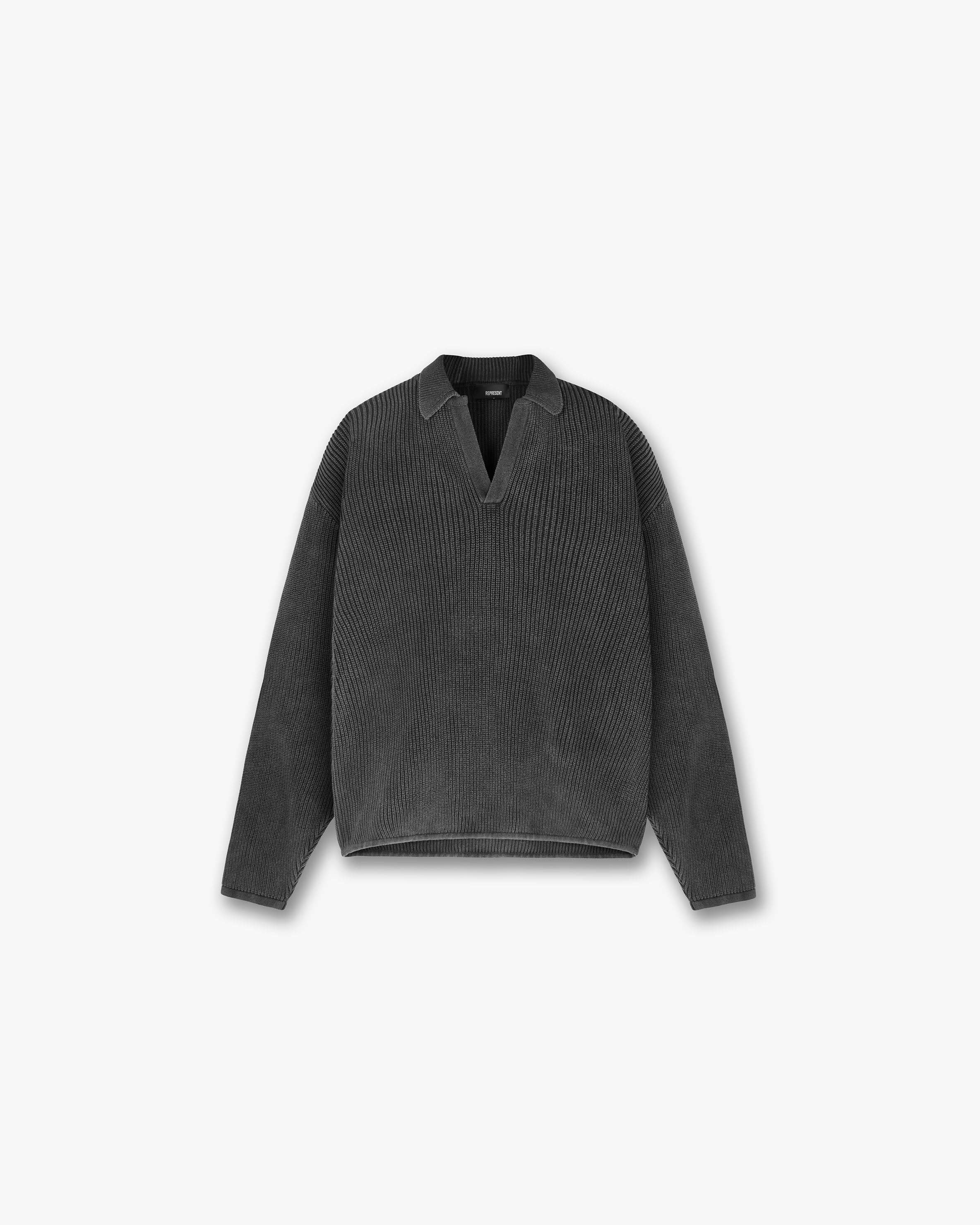 Front product image of mens black knit polo on a plain white background | Ribbed Knit Oversized Polo in Washed Black | Knit polo with ribbed texture | PRE SS24 Knitwear | Represent Clo