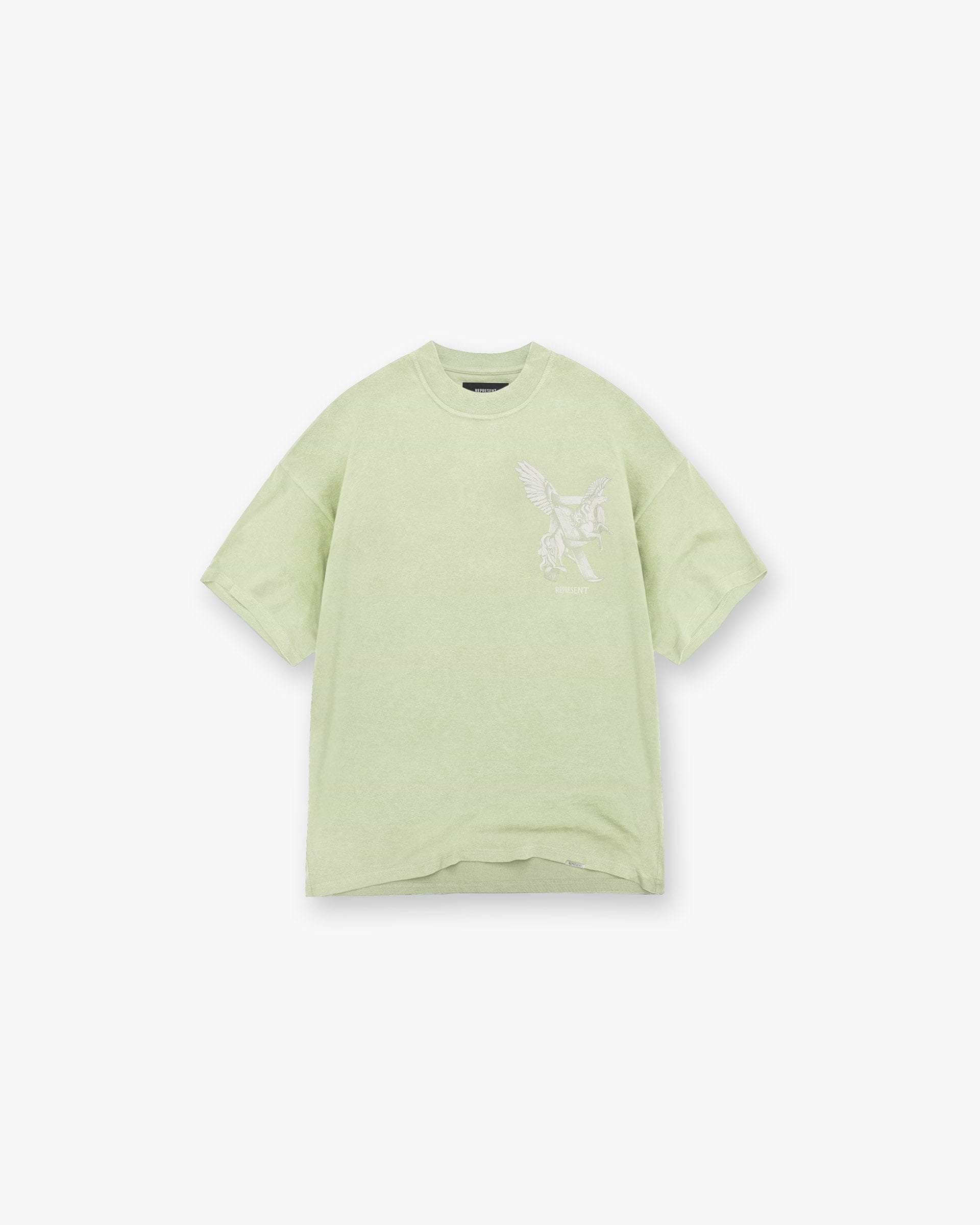 Front product image of a mens green t-shirt on a plain white background | Elegance In Motion T-Shirt in Matcha | T-shirt with funnel neck design | SS25 T-Shirts | Represent Clo