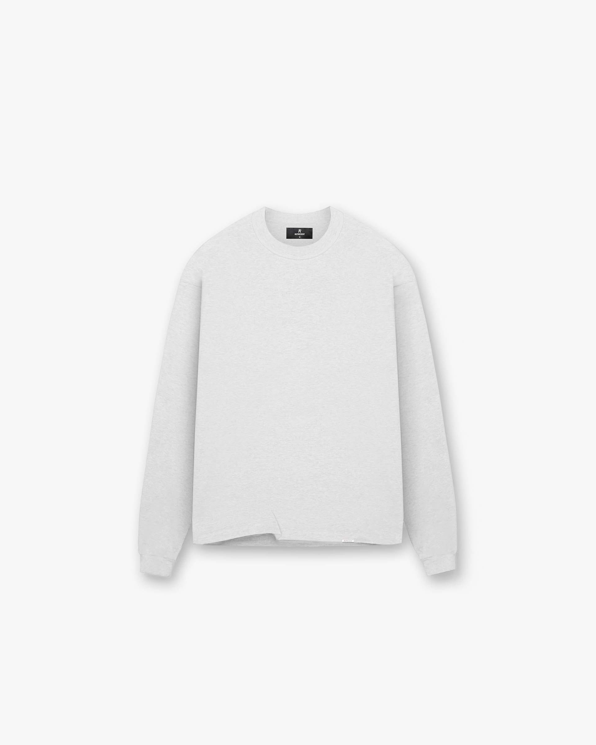 Front product image of a mens grey long sleeve t-shirt on a plain white background | Initial Long Sleeve T-Shirt in Ice Grey Marl | Boxy fit t-shirt with wide sleeves | Initial T-Shirts | Represent Clo