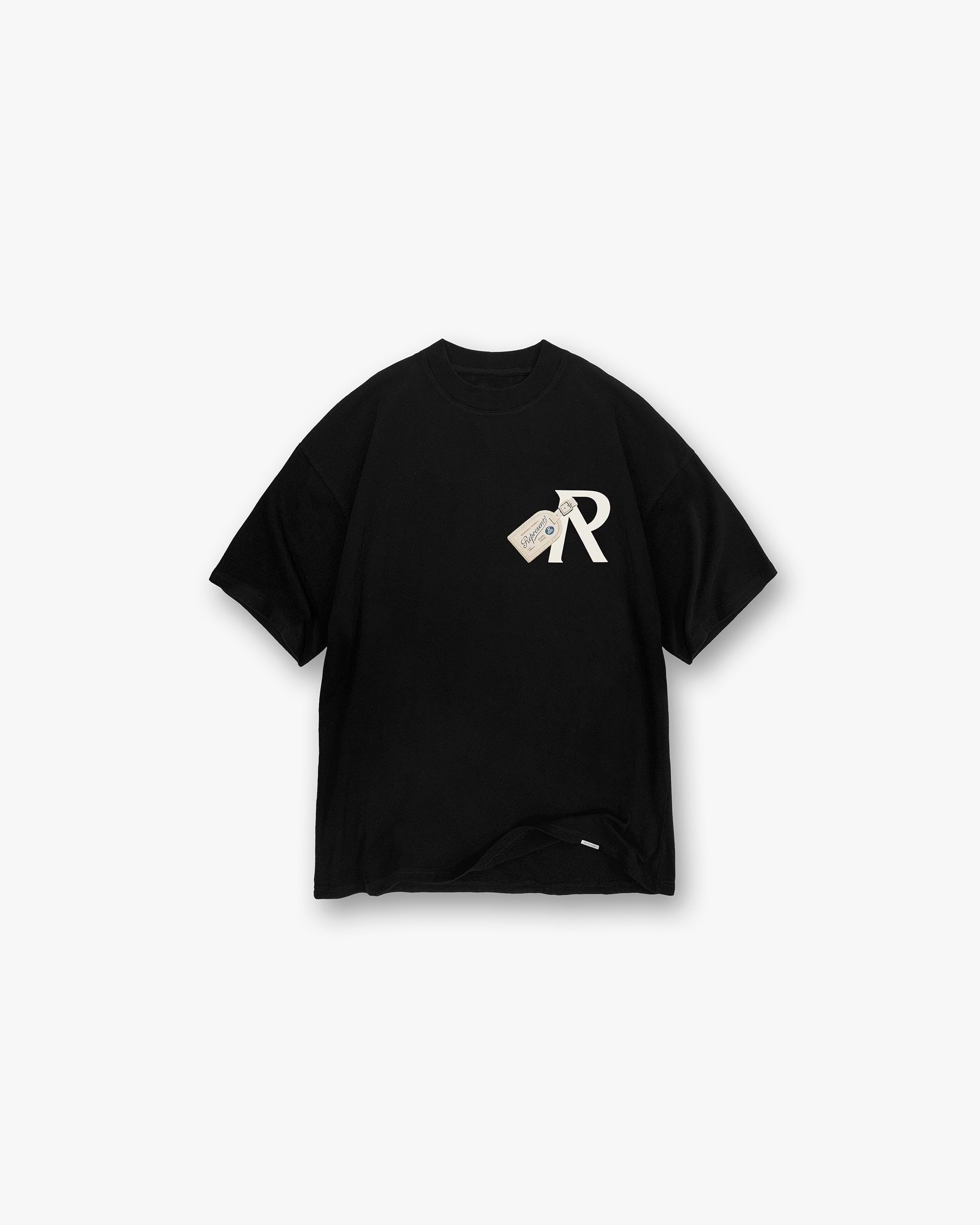 Front product image of a mens black t-shirt on a plain white background | Luggage Tag T-Shirt in Jet Black | Classic fit t-shirt | SC24 T-Shirts | Represent Clo