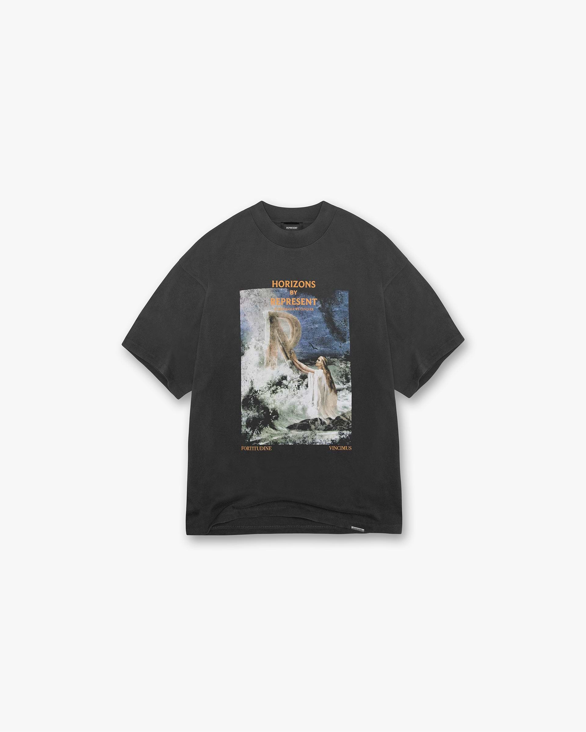 Front product image of a mens black t-shirt on a plain white background | Higher Truth T-Shirt in Aged Black | Classic crew neck t-shirt | SS24 T-Shirts | Represent Clo